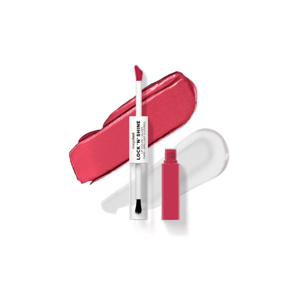Prodotto labbra con colore rosa e lucentezza trasparente. Con applicatore e pennello. Prodotto e campione di colore.