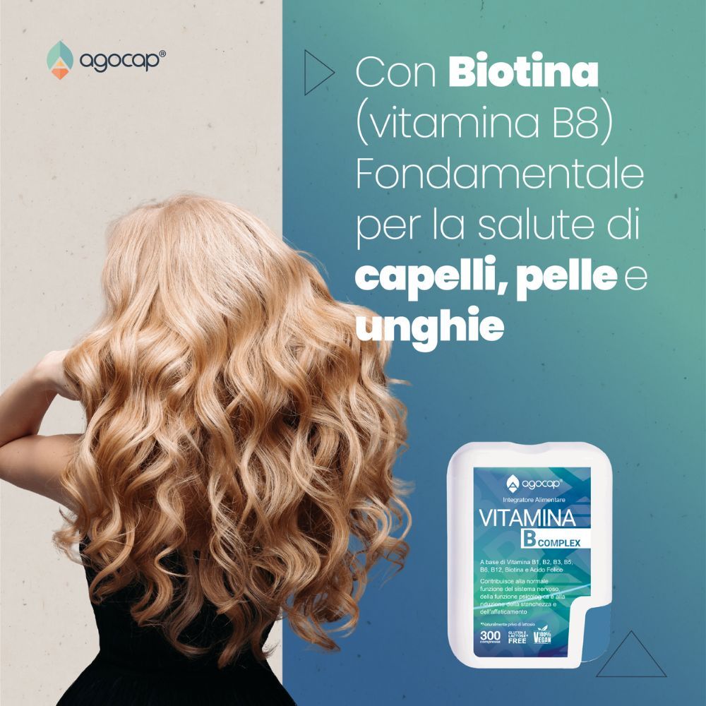Confezione di Vitamina B Complex. Formato pocket. Marchio Agocap. Testo: Con Biotina (vitamina B8).