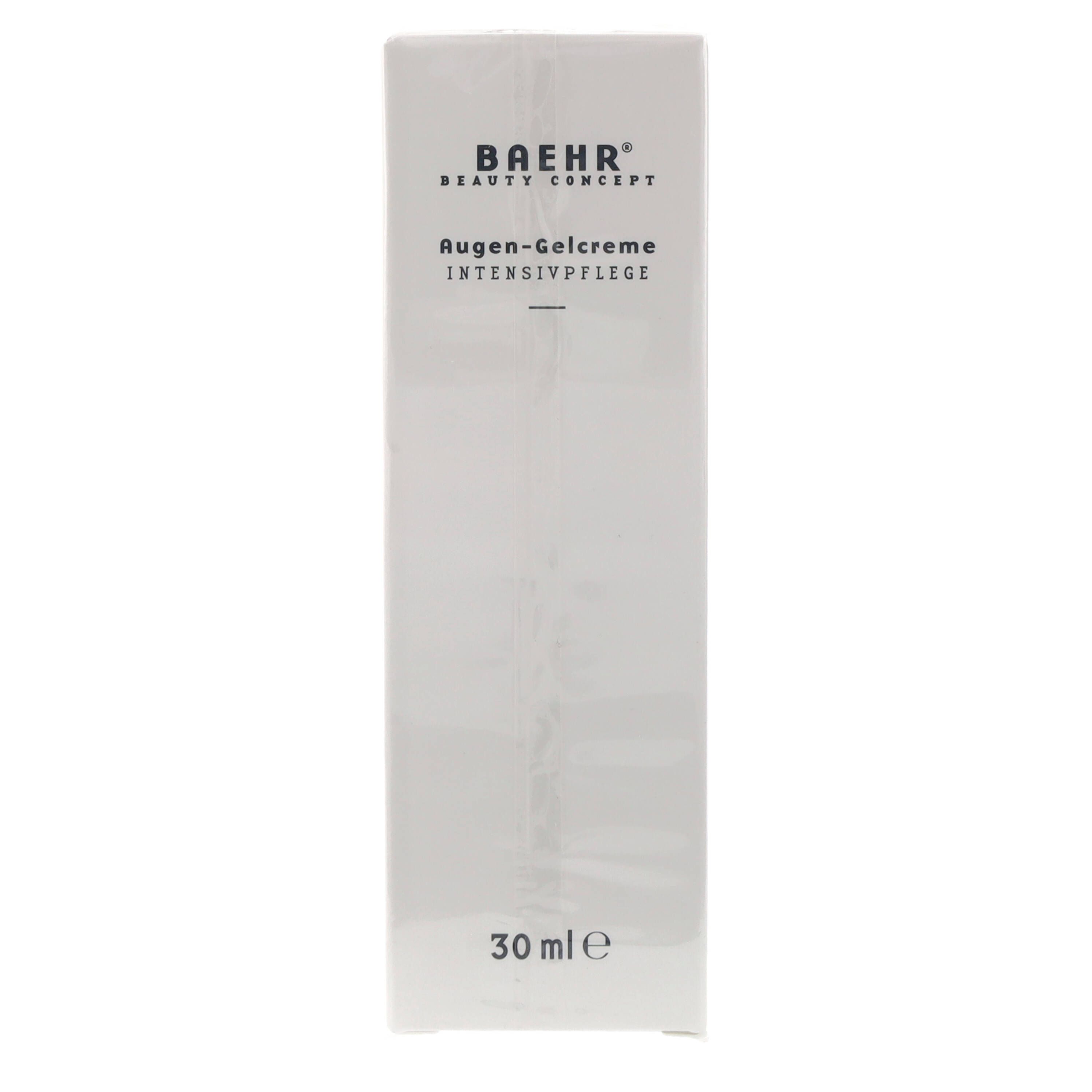 Confezione bianca con nome e logo del prodotto. Testo: BAEHR Beauty Concept Augen-Gelcreme. 30 ml.
