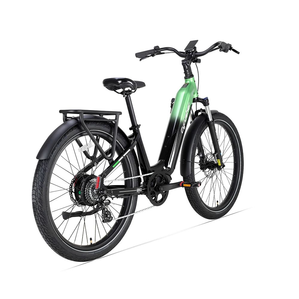 E-bike vista da dietro e in diagonale. Telaio nero con dettagli verdi. Portapacchi e freni a disco.