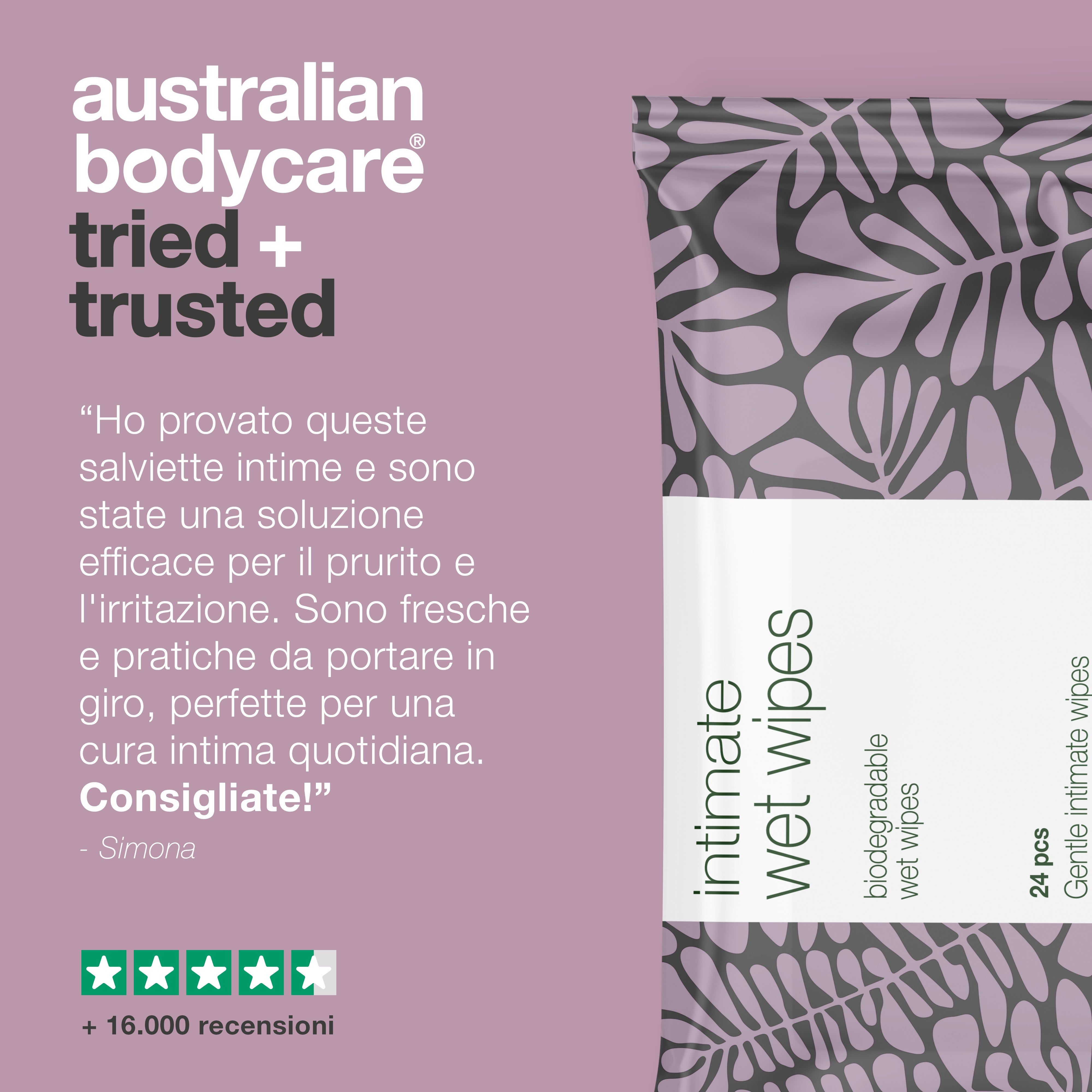 Confezione salviette intime. Testo: Queste salviette intime sono pratiche ed efficaci. Citazione.