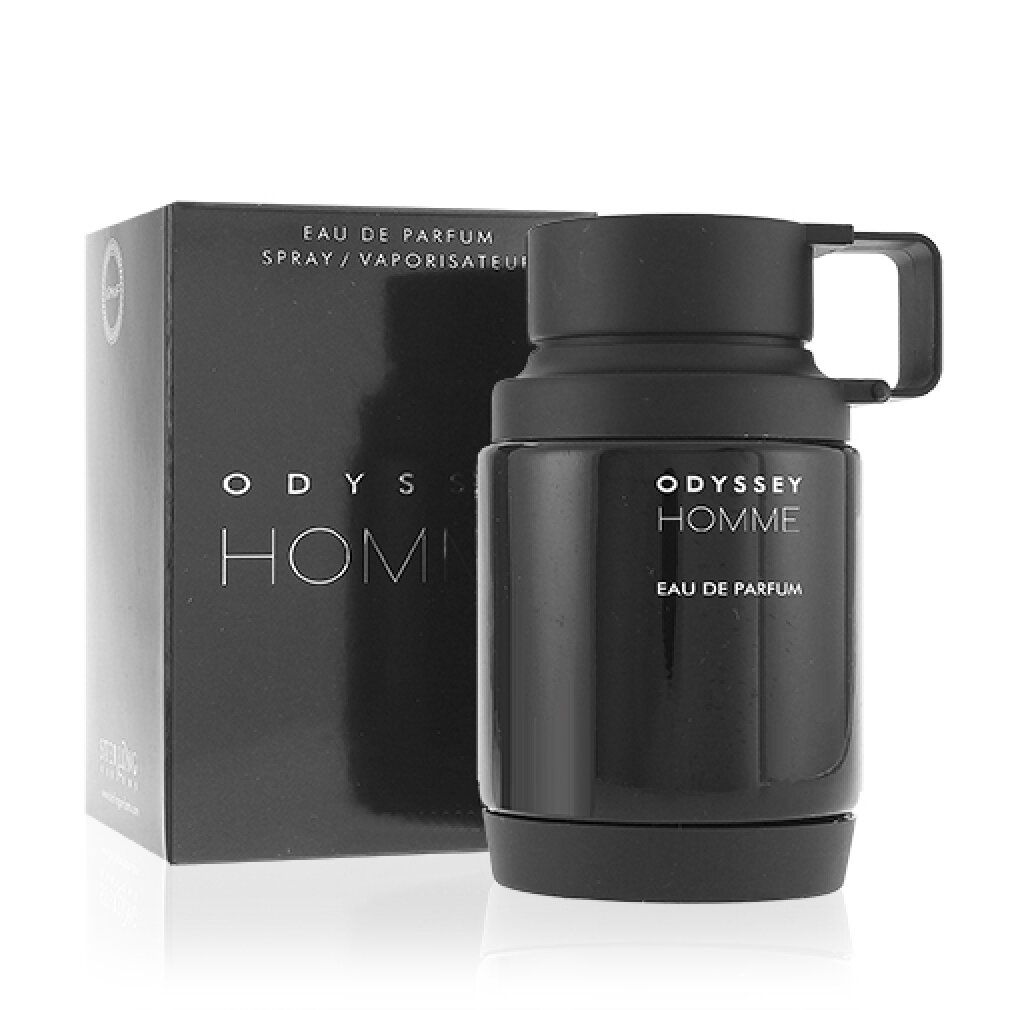 Flacone e confezione neri. Scritta: Odyssey Homme Eau de Parfum. Flacone con manico. Confezione con testo.