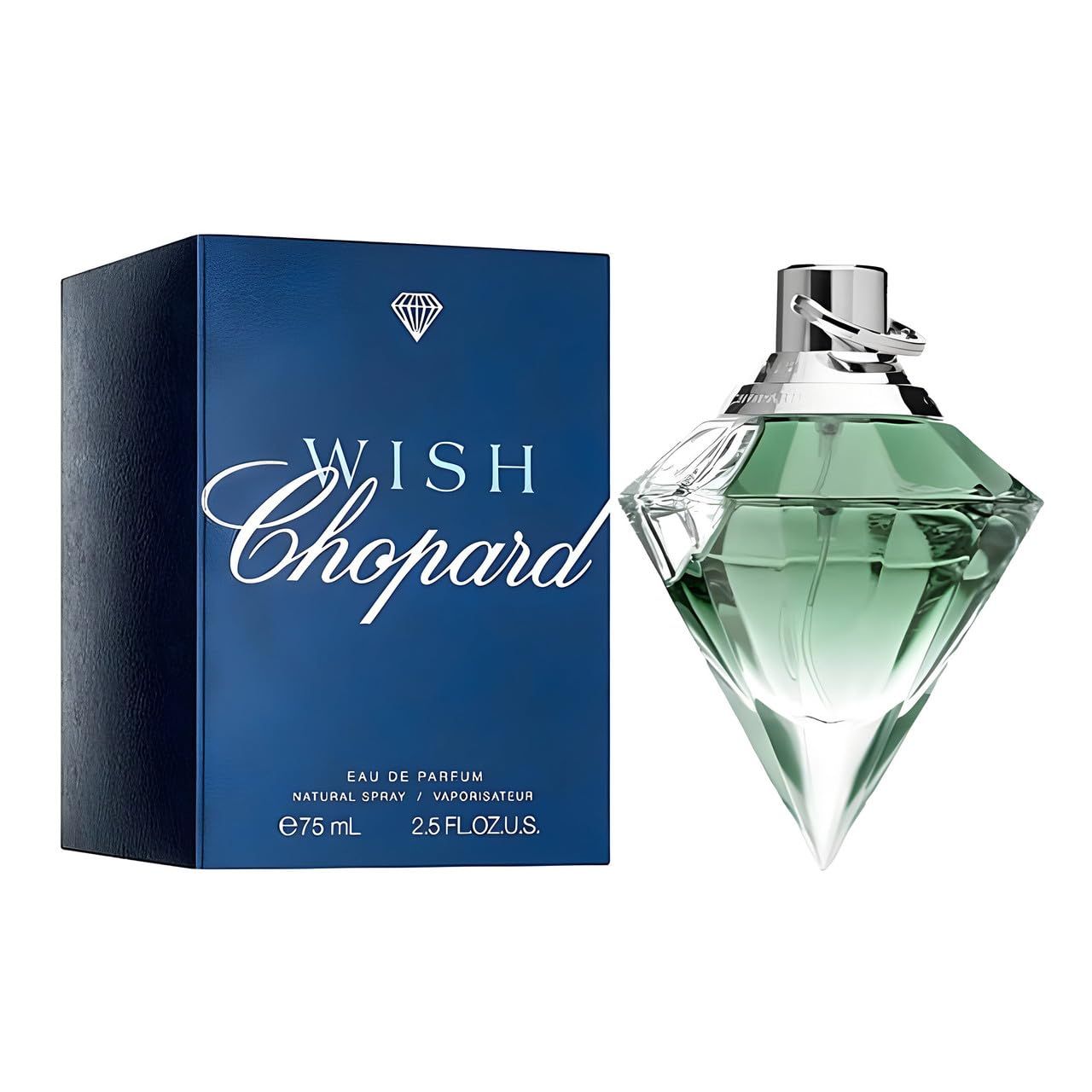Flacone e scatola di profumo. Flacone a forma di diamante, verde. Scatola blu con scritta 'Wish Chopard'.