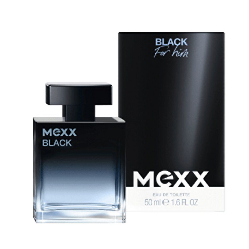 Flacone e confezione neri. Scritta: Mexx Black For him Eau de Toilette. 50 ml.