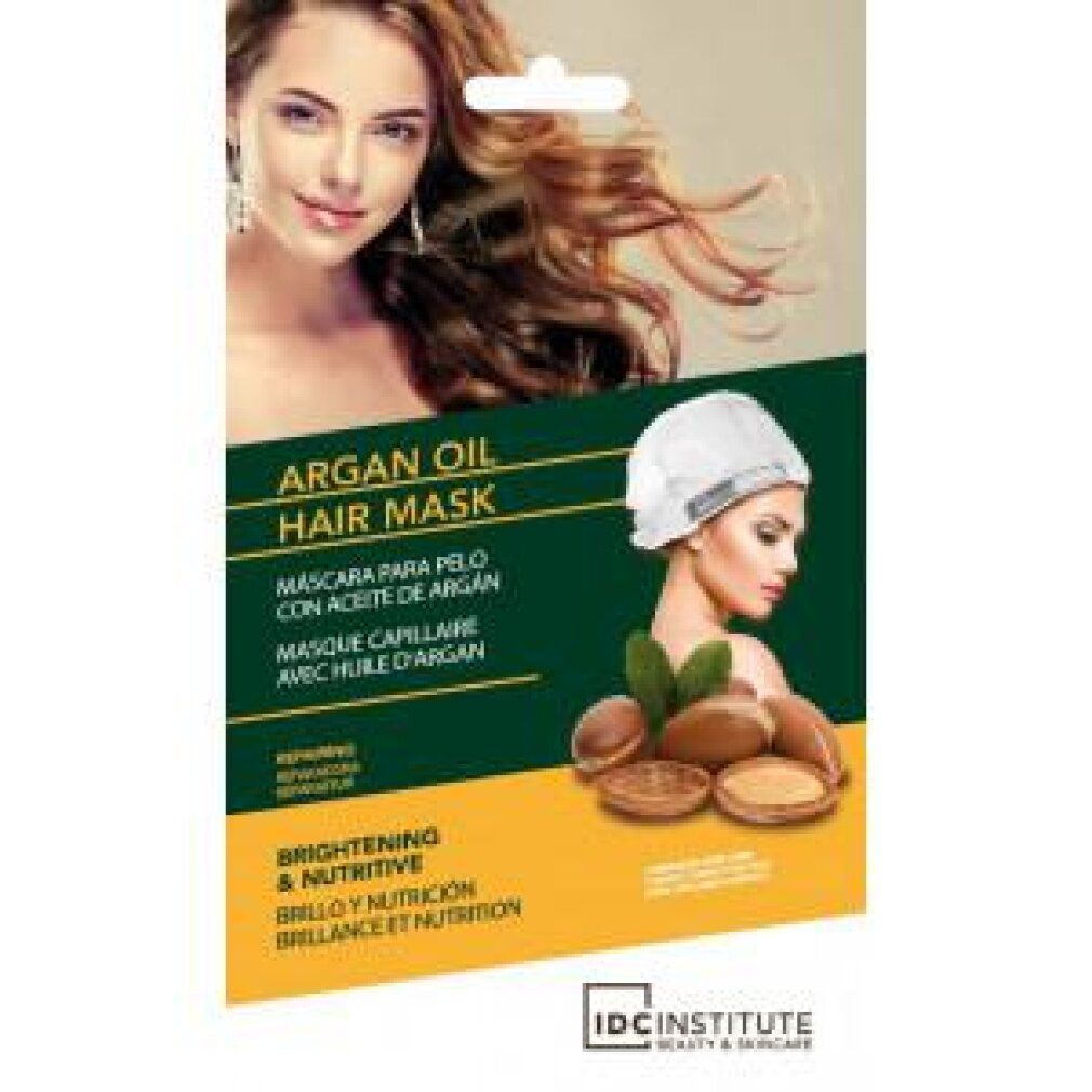 Confezione della maschera per capelli all'olio di argan Idc Institute con informazioni e immagini.