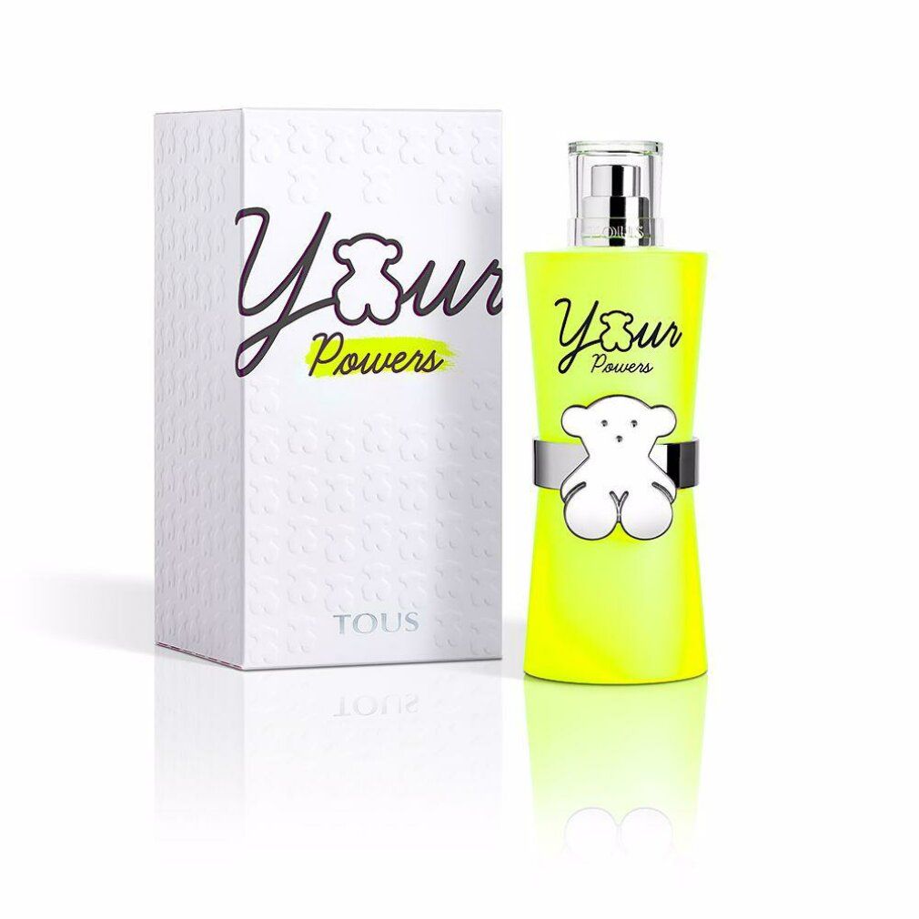 Spray Eau de Toilette giallo con confezione. Flacone con chiusura argentata e orso. Scritta "Your Powers".