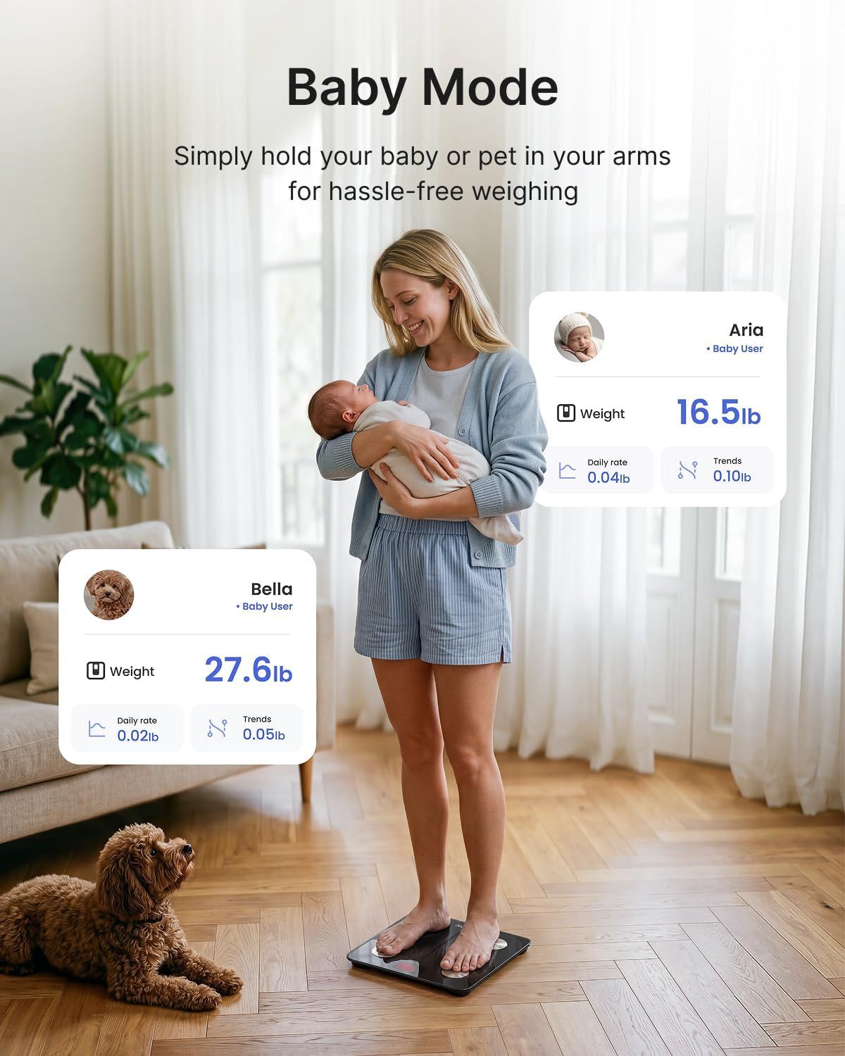 Donna con bambino e cane sulla bilancia. Display del peso del bambino e del cane. Bilancia nera.