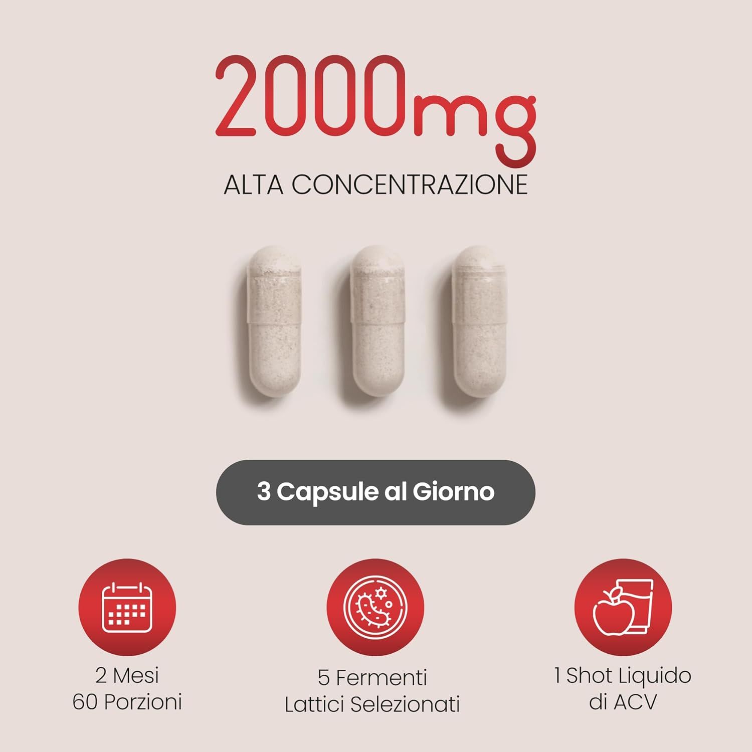 Tre capsule su sfondo rosso. Testo: 2000mg, alta concentrazione. 3 capsule al giorno. 2 mesi di fornitura, 60 porzioni.