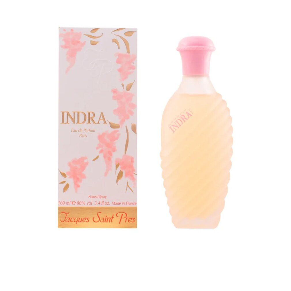 Flacone di profumo e confezione. Flacone con tappo rosa, design scanalato. Confezione con motivo floreale e testo.
