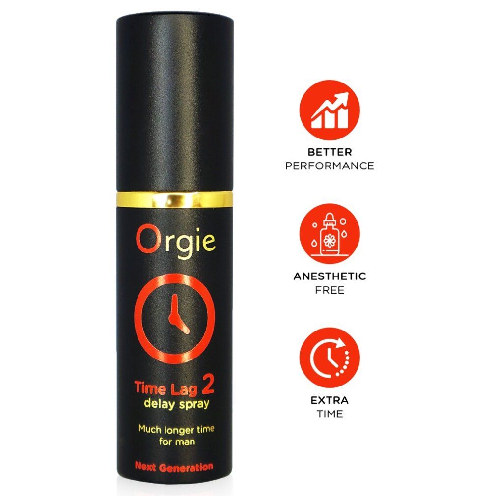 Flacone nero con anello dorato. Scritta: Orgie, Time Lag 2 Delay Spray. Logo arancione a forma di quadrante. Icone.