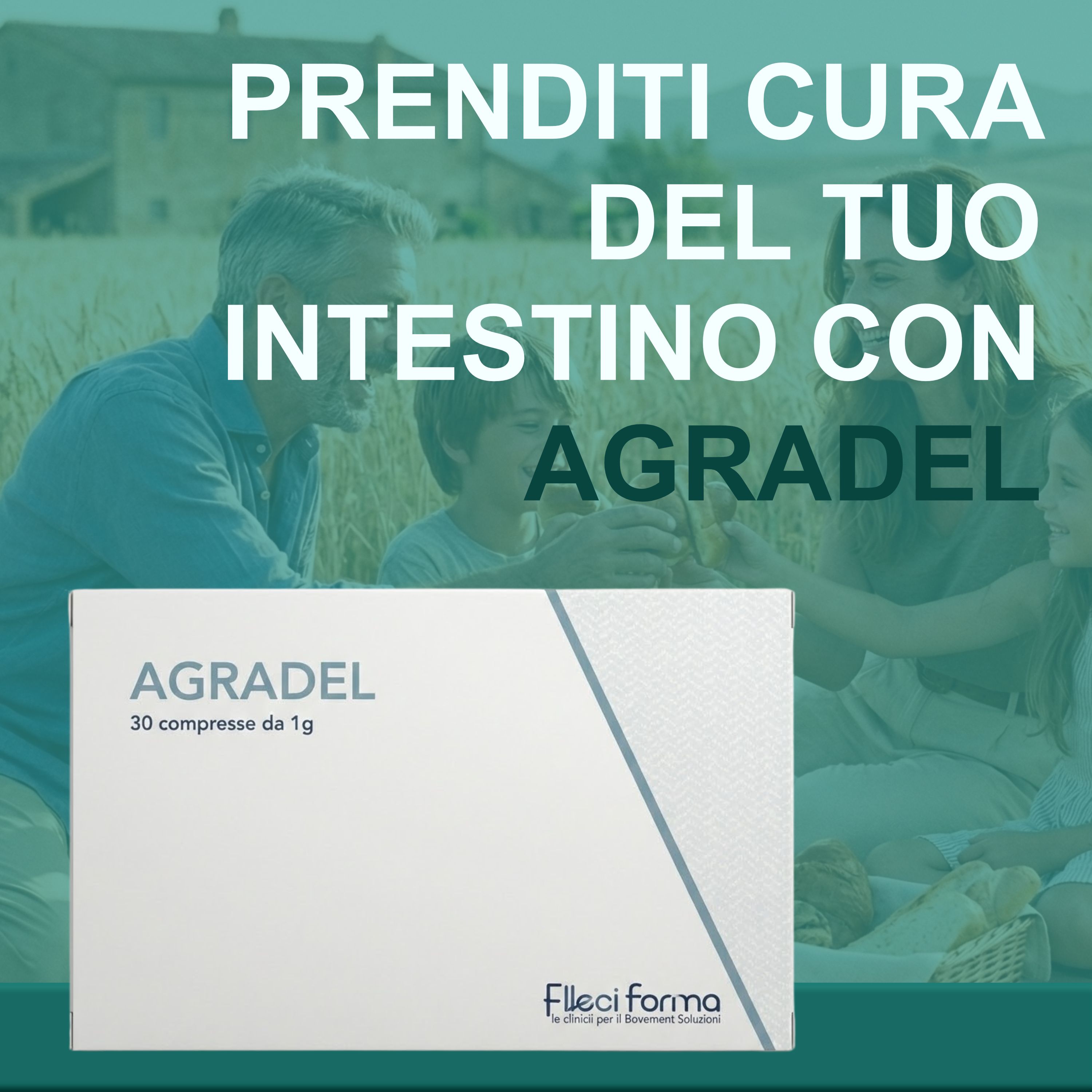 Famiglia all'aperto. Testo: Agradel, 30 compresse da 1g. Logo Elleci Farma. Prenditi cura del tuo intestino.