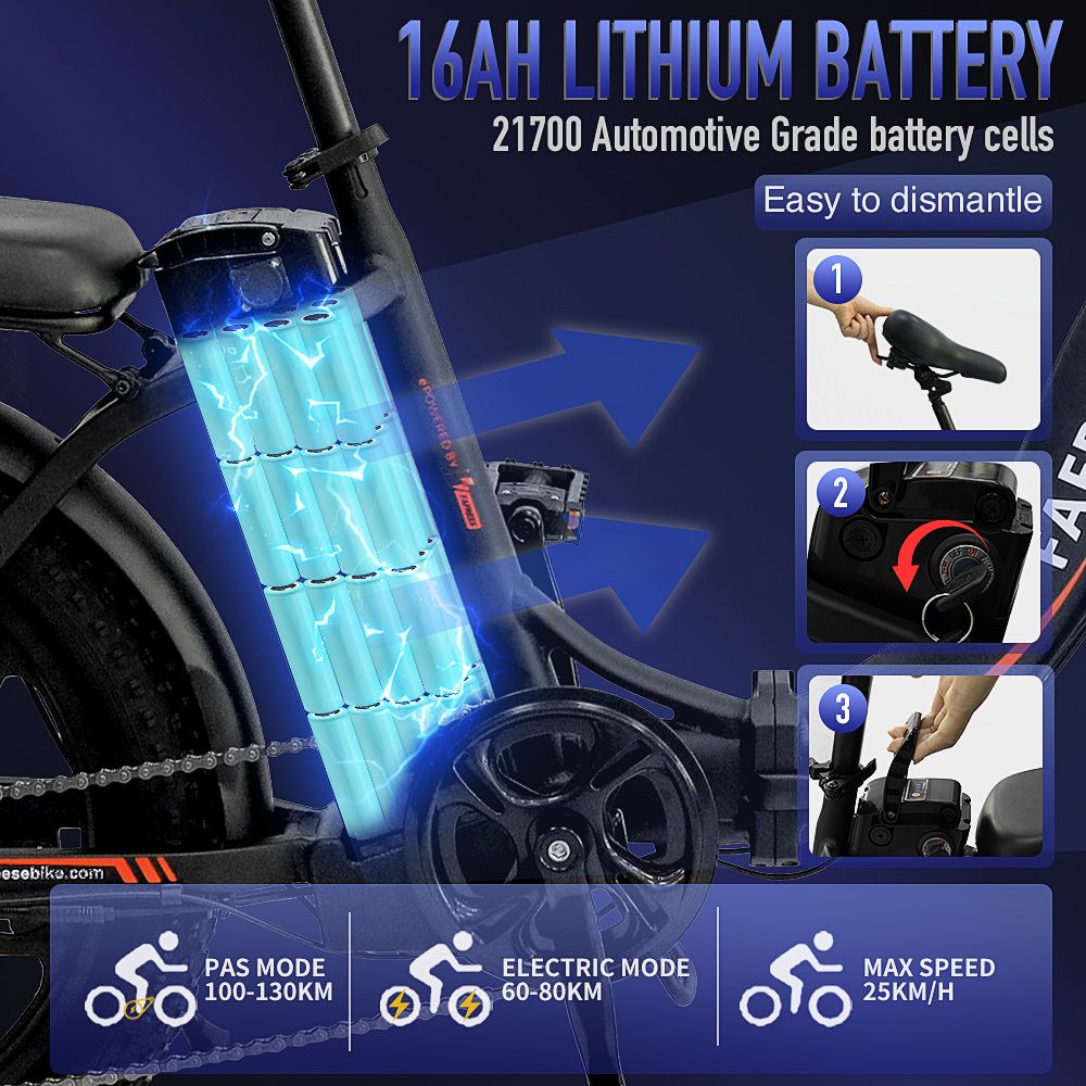 Batteria e-bike da 16 Ah, celle 21700. Illustrazione della batteria e istruzioni di smontaggio. Modalità PAS, modalità elettrica, velocità max.