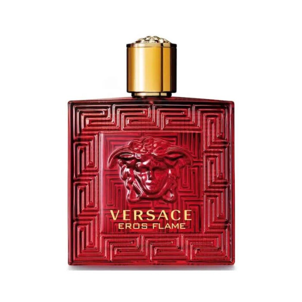 Flacone rosso Versace Eros Flame. Forma quadrata, goffrata. Tappo dorato. Logo e testo.