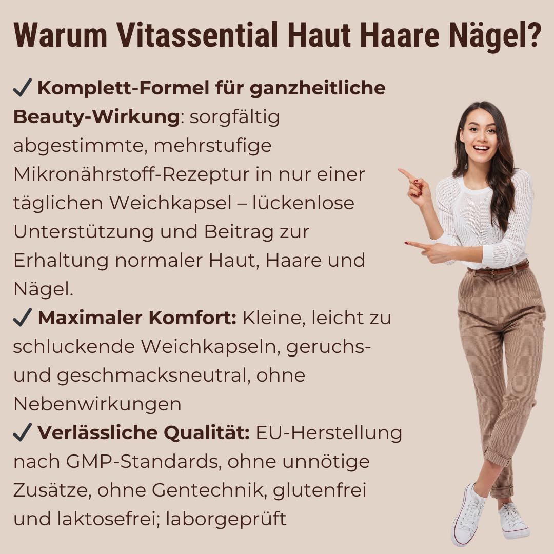 Una donna indica il testo. Testo: Formula completa per l'effetto bellezza, ricetta di micronutrienti, supporto per pelle, capelli e unghie.