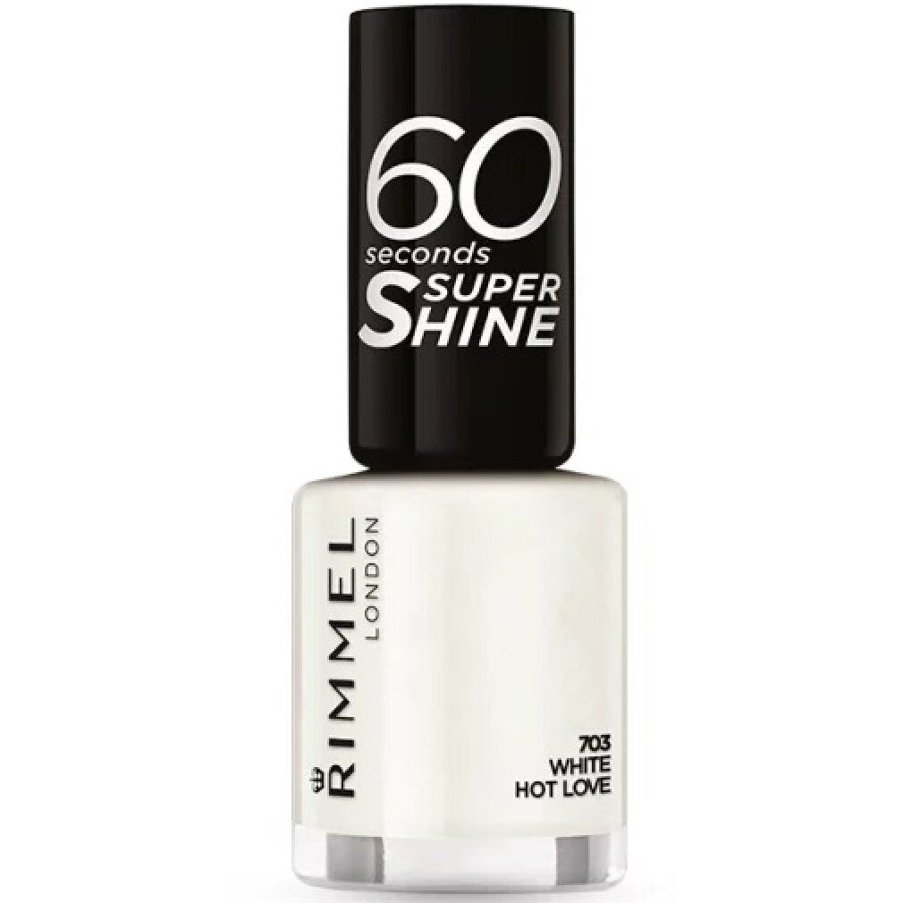 Flacone di smalto bianco. Tappo nero con scritta bianca: 60 seconds Super Shine. Rimmel London, 703 White Hot Love.