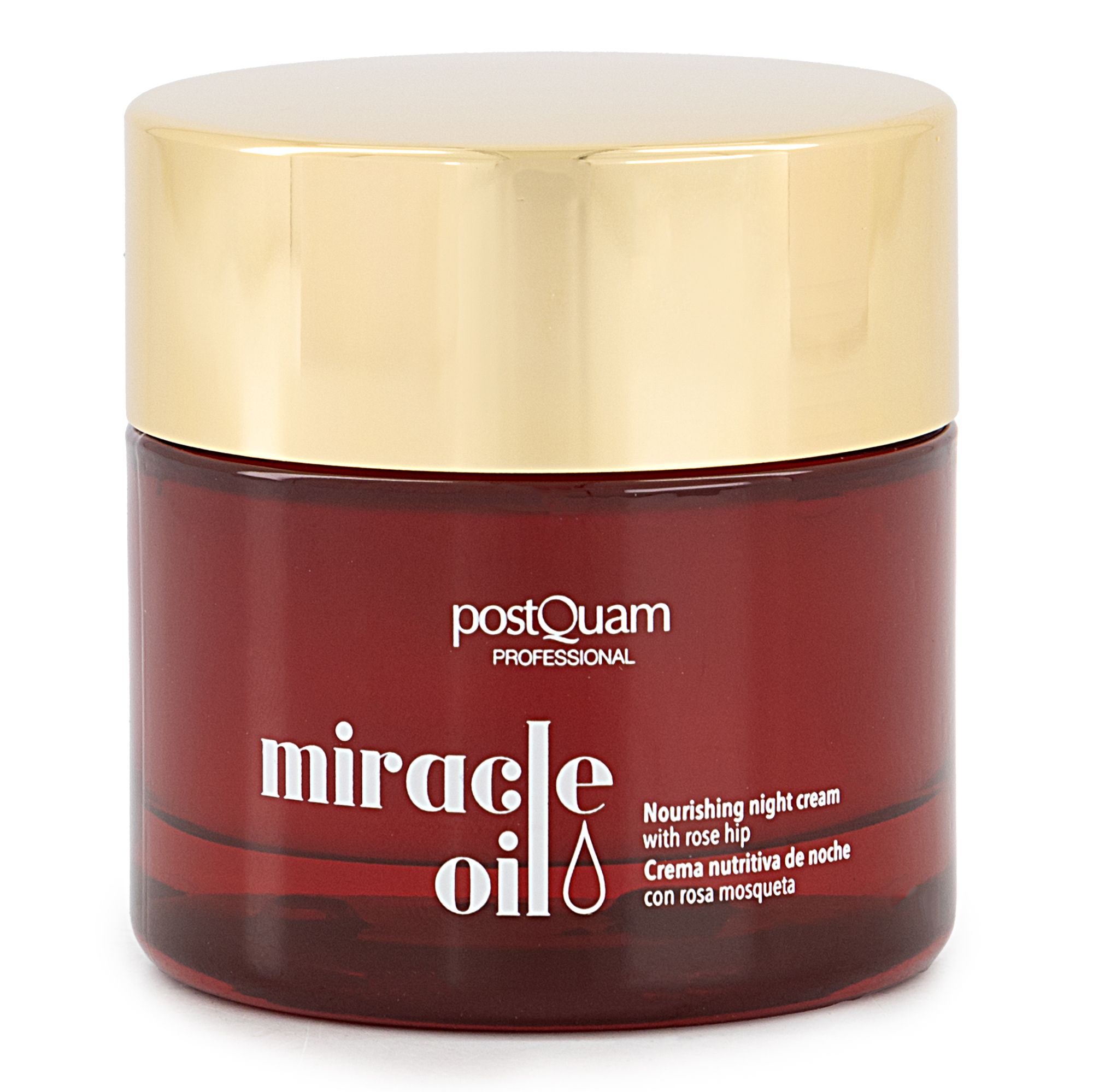Vaso rosso con coperchio dorato. Scritta: "postQuam PROFESSIONAL miracle oil". Testo: "Nourishing night cream with rose hip".