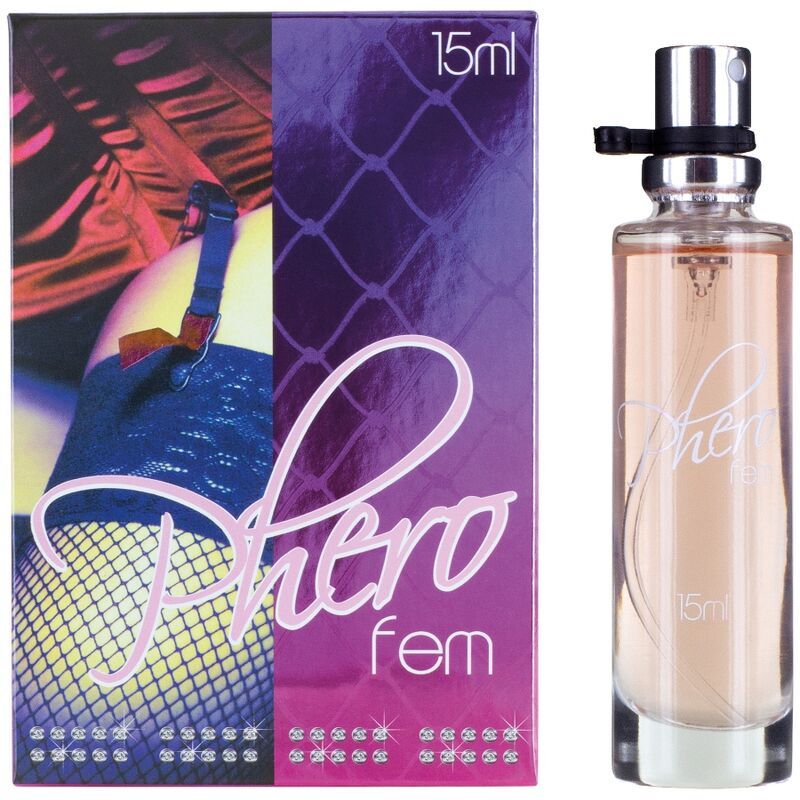 Flacone profumo Pherofem 15ml e confezione, con motivo a rete e lingerie.