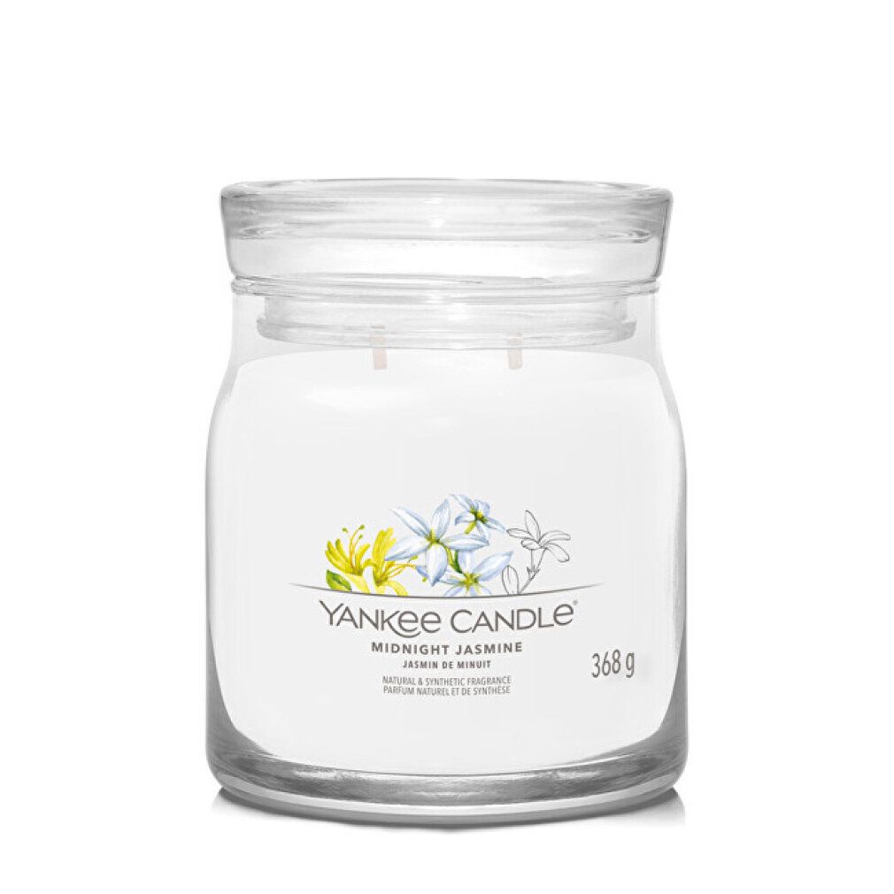 Vaso di vetro con coperchio. Adesivo con fiori e testo: Yankee Candle Midnight Jasmine. 368 g.