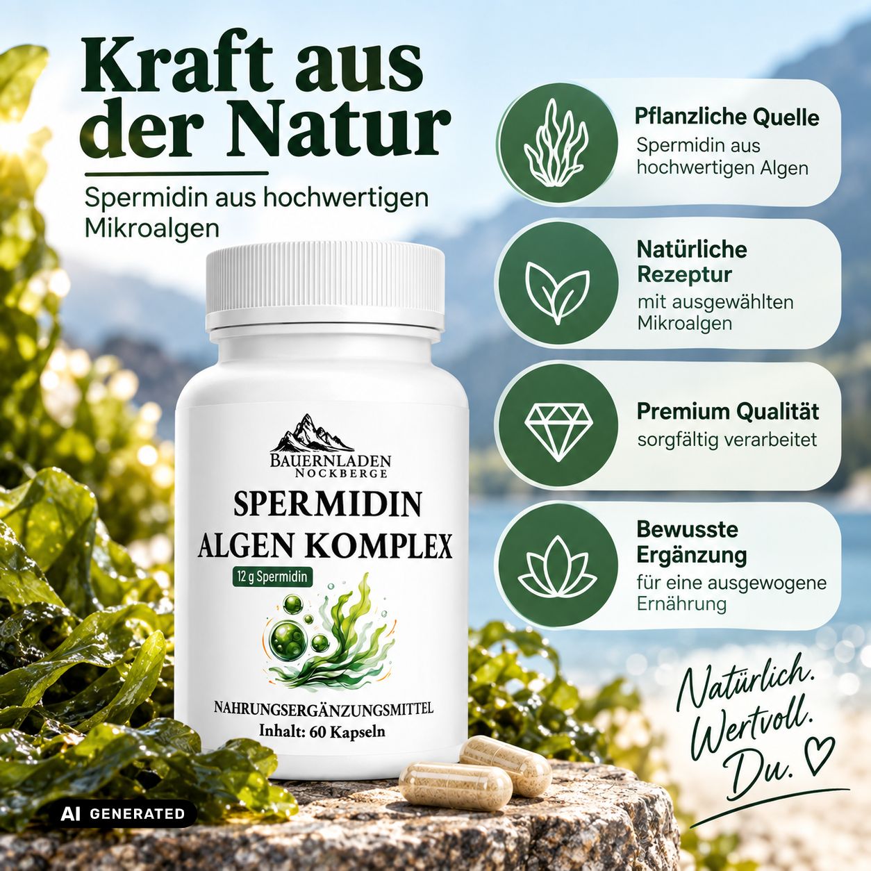 Capsule bianche Spermidin Algen Komplex, 60 capsule. Fonte: Microalghe di alta qualità. Qualità premium.