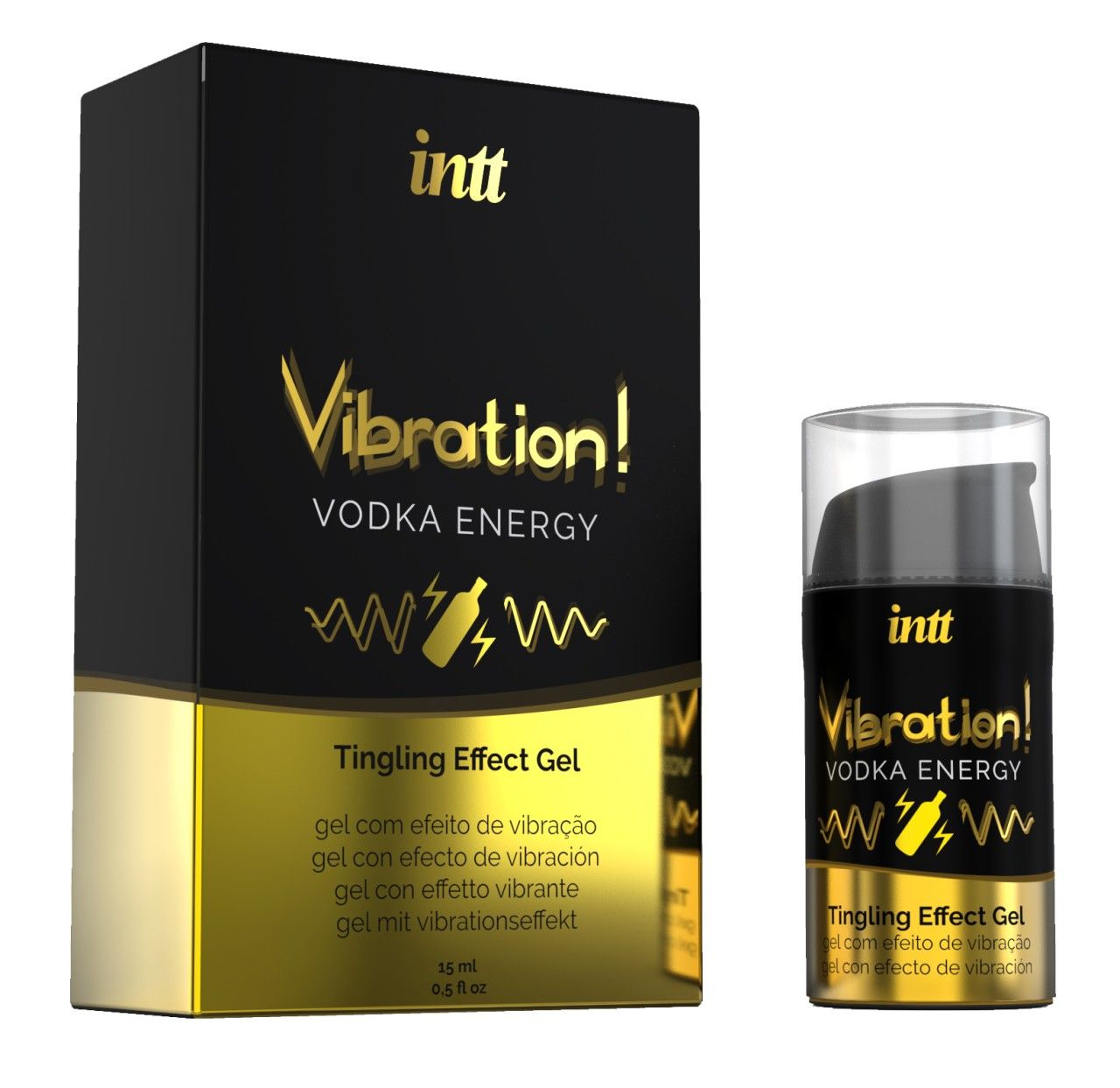 INTT Vibration! Vodka Energy Gel Effetto Vibrante Scatola e flacone. Confezione nera con scritta dorata.