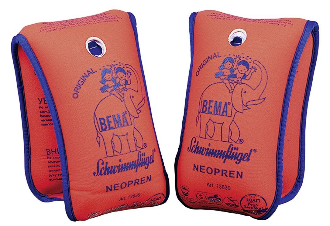 Due braccioli arancioni con bordo blu. Stampa: BEMA, elefante, bambini, testo. Neoprene. Art. 13630.