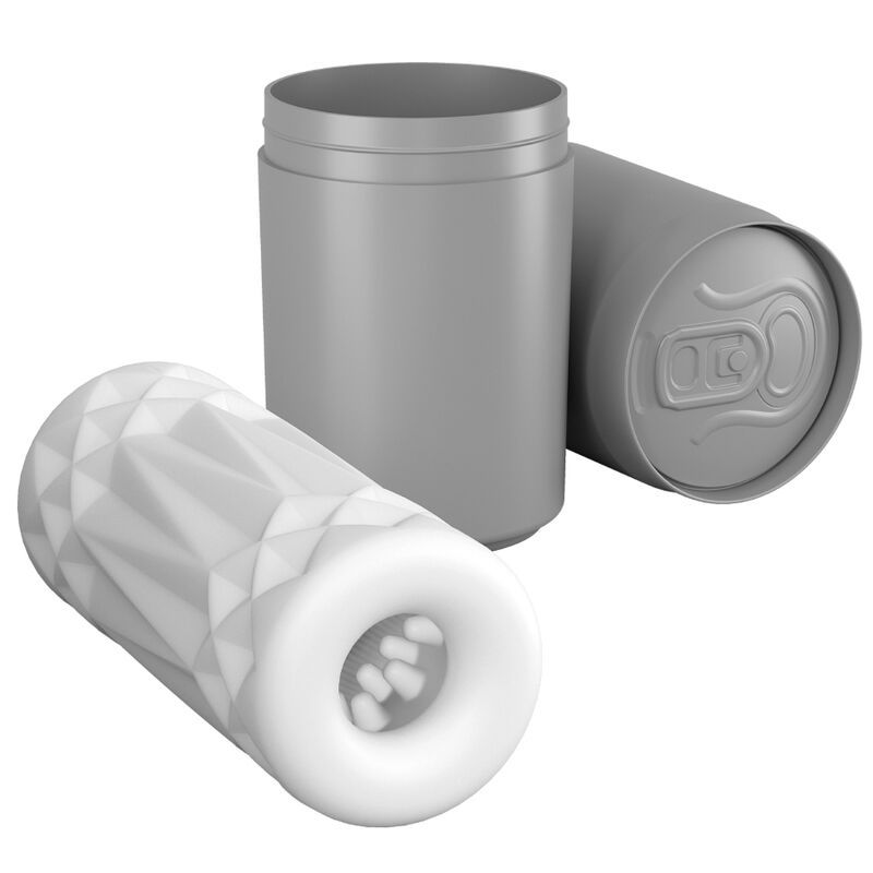 Stroker bianco con struttura interna complessa e un adesivo circolare con testo.