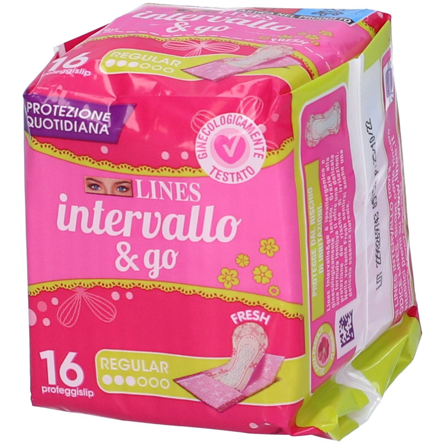 Confezione da 16 proteggislip Lines Intervallo & Go Fresh, Regular, con protezione quotidiana e sigillo testato ginecologicamente.