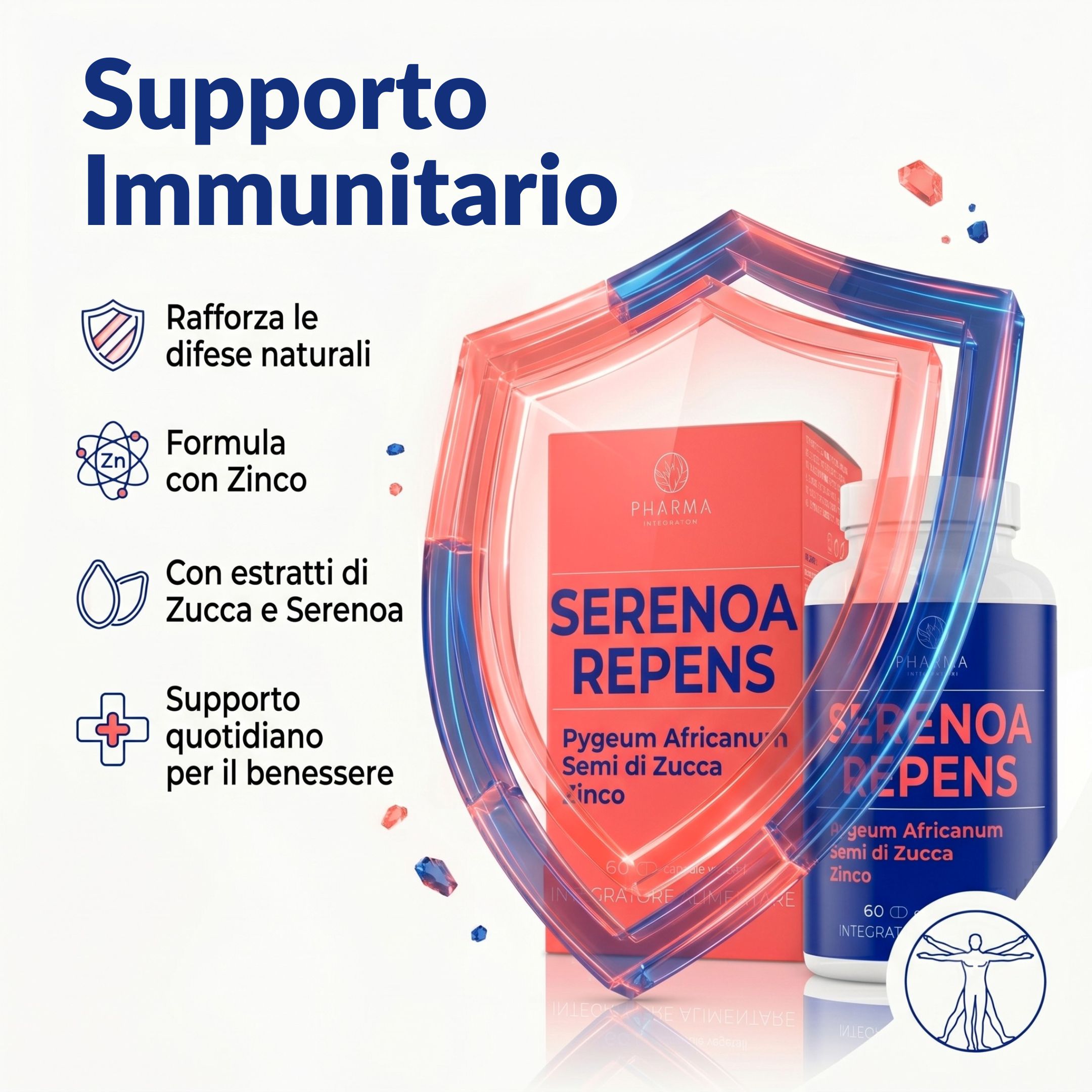 Prodotto Serenoa Repens con simboli per il supporto immunitario e gli ingredienti.