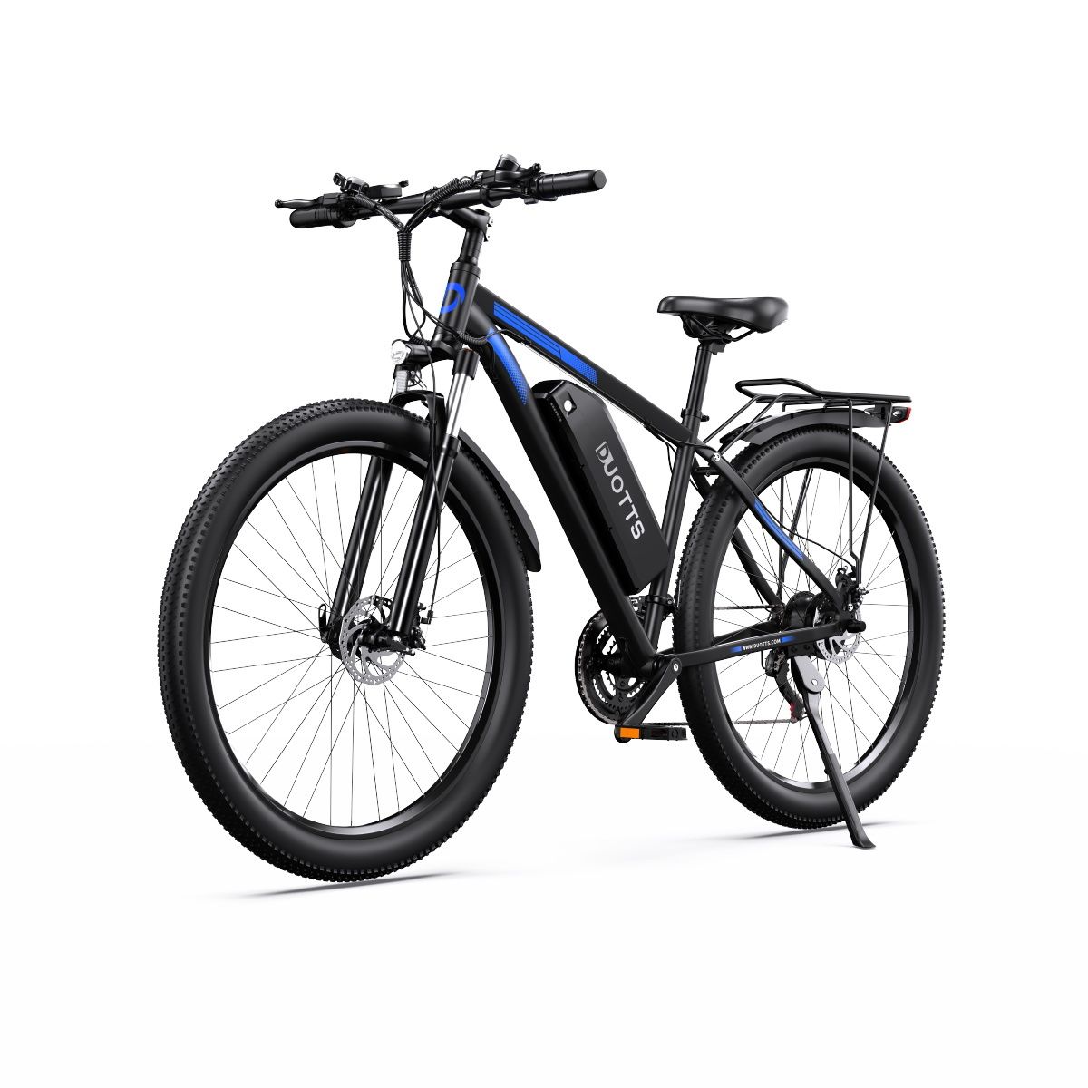 E-MTB nero con dettagli blu. Logo DUOTTS, freni a disco, portapacchi, cavalletto.