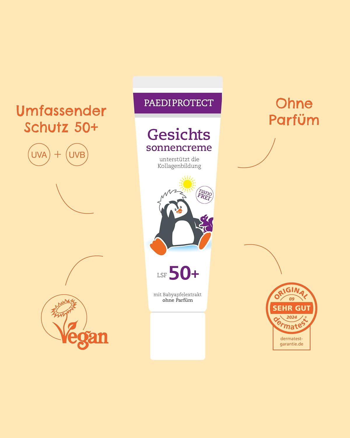 Tubo di crema solare. Scritta: Gesichtssonnencreme LSF 50+. Illustrazione di pinguino. Sigillo Vegan. Sigillo Dermatest.