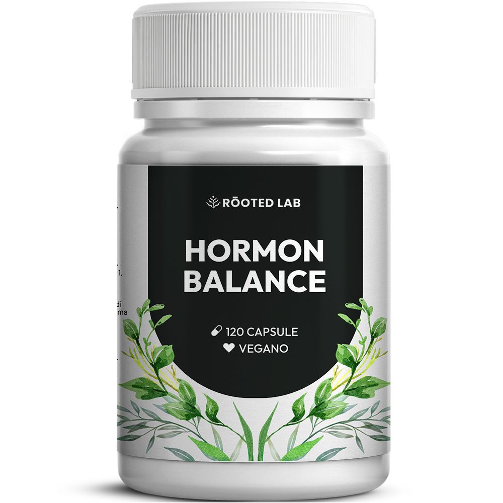 Capsule Hormon Balance: Flacone bianco con etichetta nera, 120 capsule, vegane.