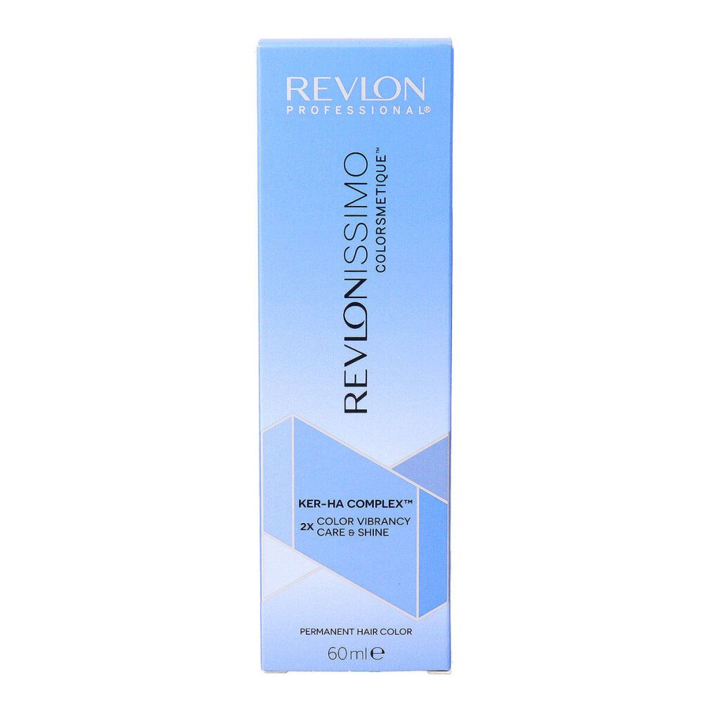 Scatola blu con scritta: Revlonissimo Colorsmetique, Ker-HA Complex, Permanent Hair Color. 60ml.