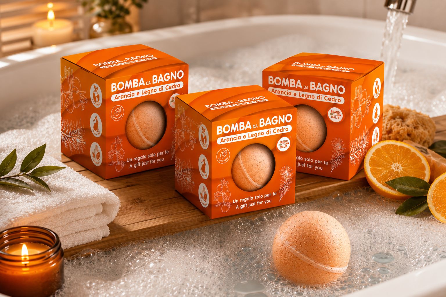 BRAND ITALIA - 3 Bombe da Bagno ARANCIA E LEGNO DI CEDRO