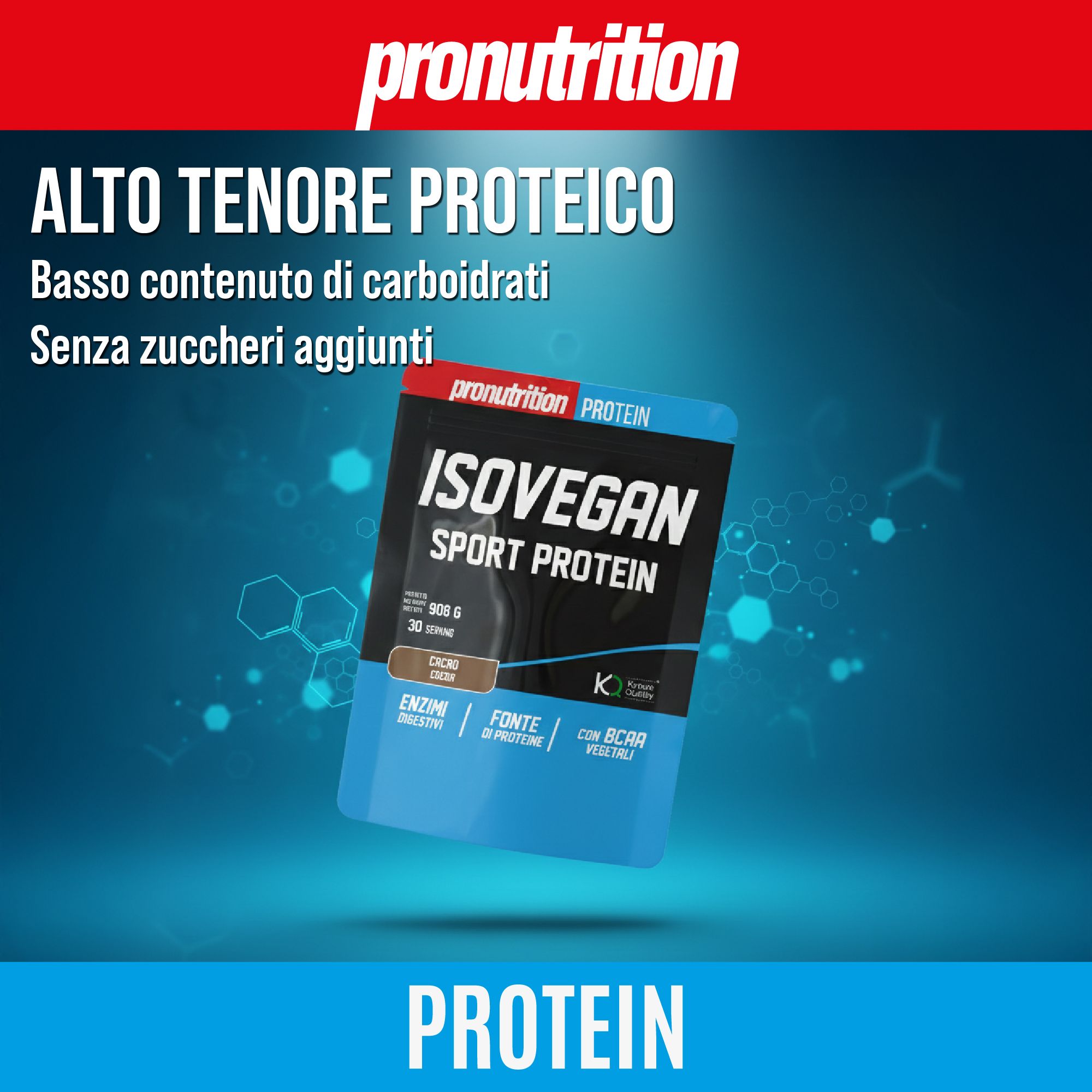 Confezione blu IsoVegan Sport Protein. Contiene 908 g. Testo: Alto contenuto proteico, basso contenuto di carboidrati, senza zuccheri aggiunti.