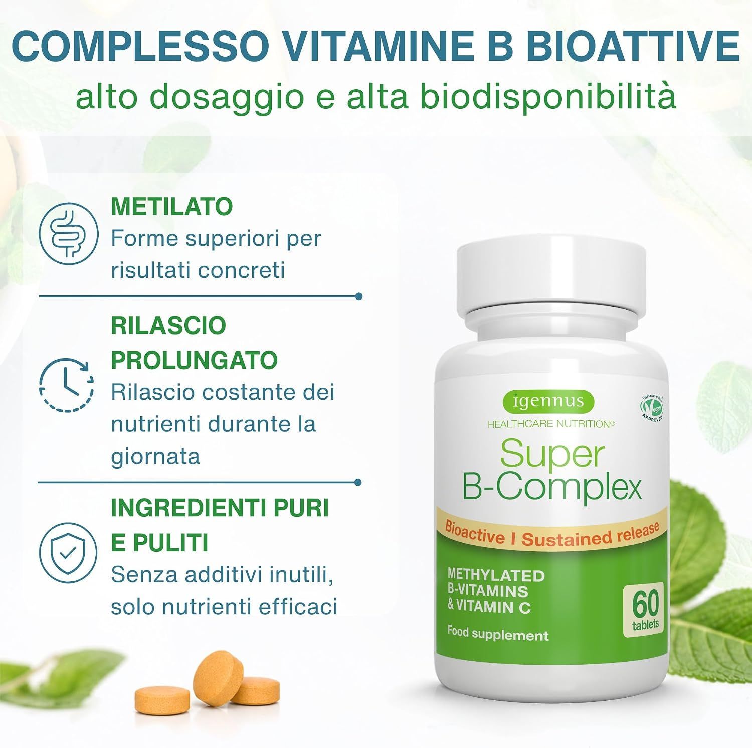 Flacone Igennus Super B-Komplex con spiegazioni sulle vitamine bioattive e metilate.