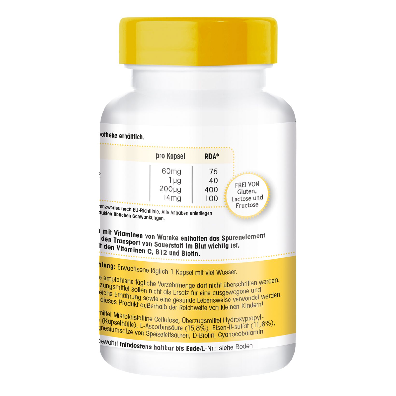 Flacone bianco con tappo giallo. Retro con testo. Scritta: Warnke Eisen & C. Informazioni nutrizionali e ingredienti.