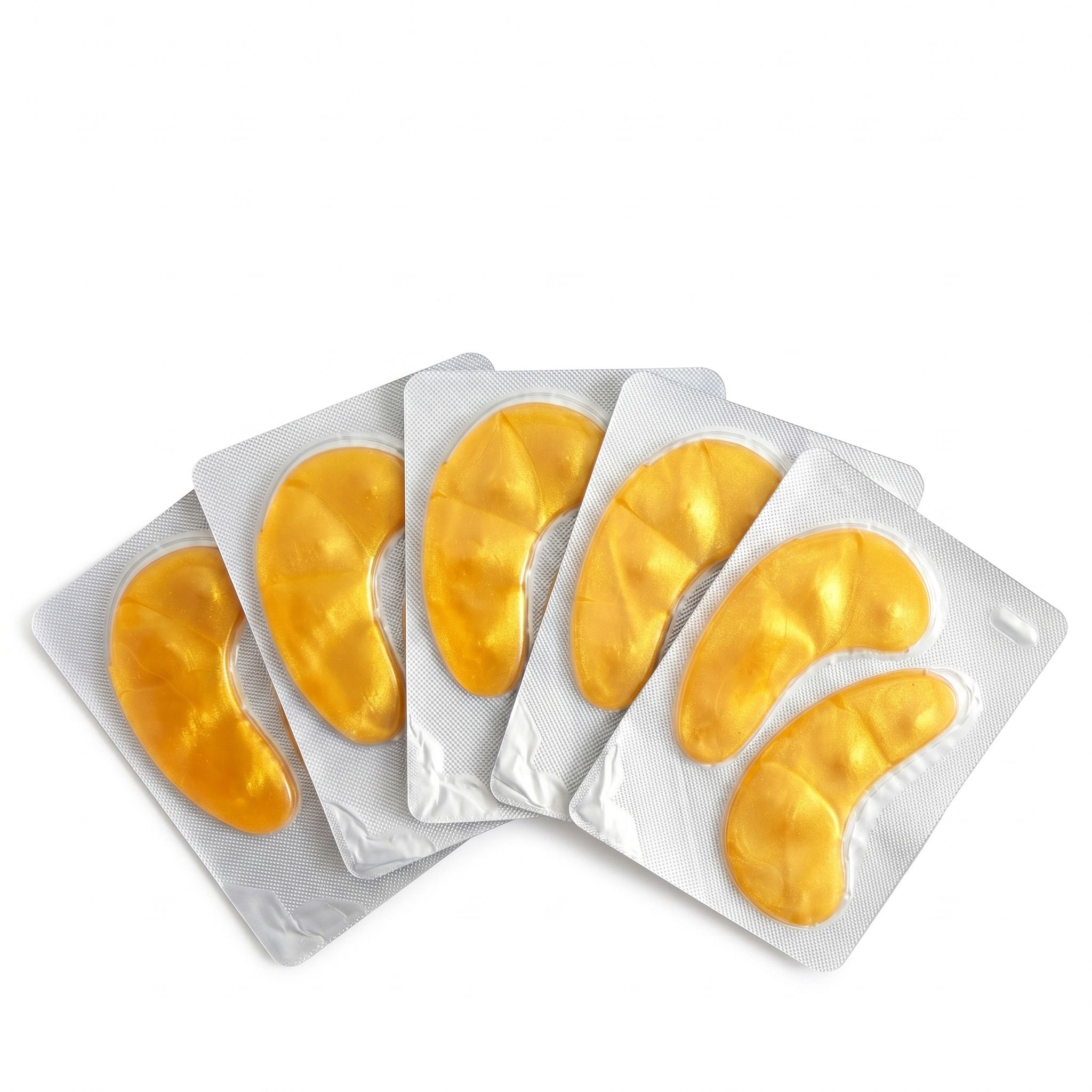 Cinque confezioni singole di patch occhi dorati, ciascuna con due patch.