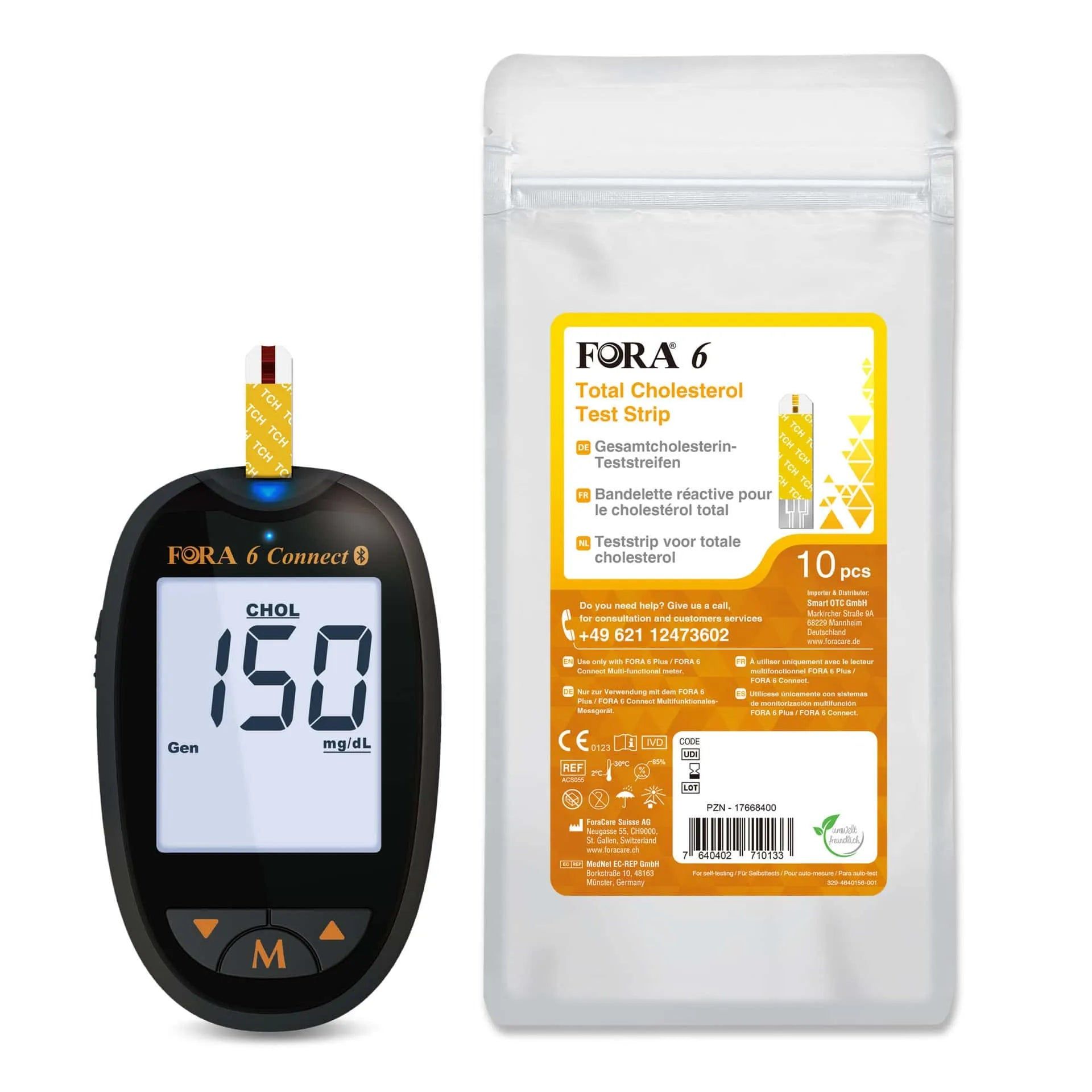 Misuratore di colesterolo con confezione di strisce reattive. Display 150 mg/dL.
