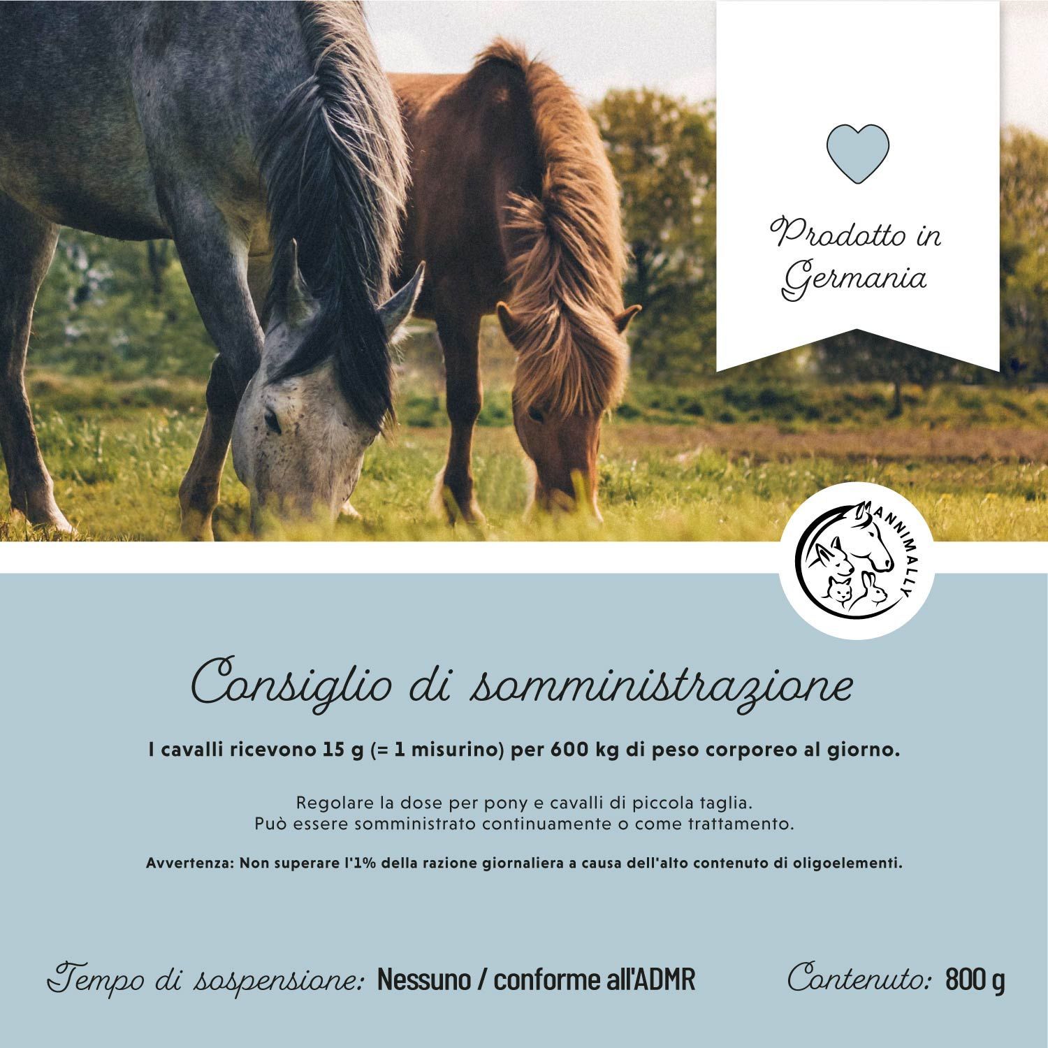 Raccomandazioni per l'alimentazione. Testo: I cavalli ricevono 15 g per 600 kg di peso corporeo al giorno. Logo: Cavallo. Contenuto: 750 g. Prodotto in Germania.