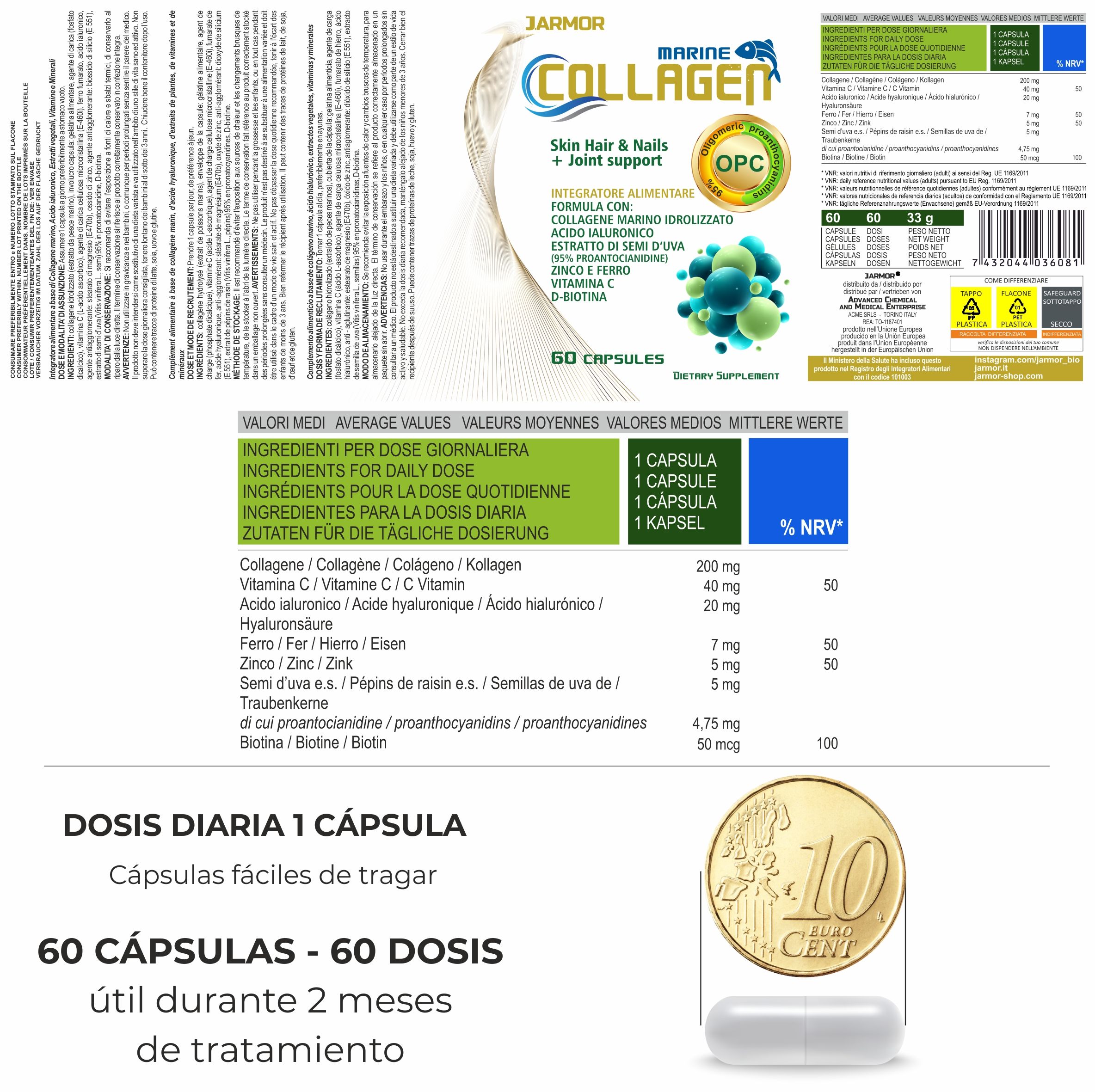 Confezione del prodotto con informazioni nutrizionali. 60 capsule. Dosaggio: 1 capsula al giorno. Capsula accanto a moneta da 10 centesimi.