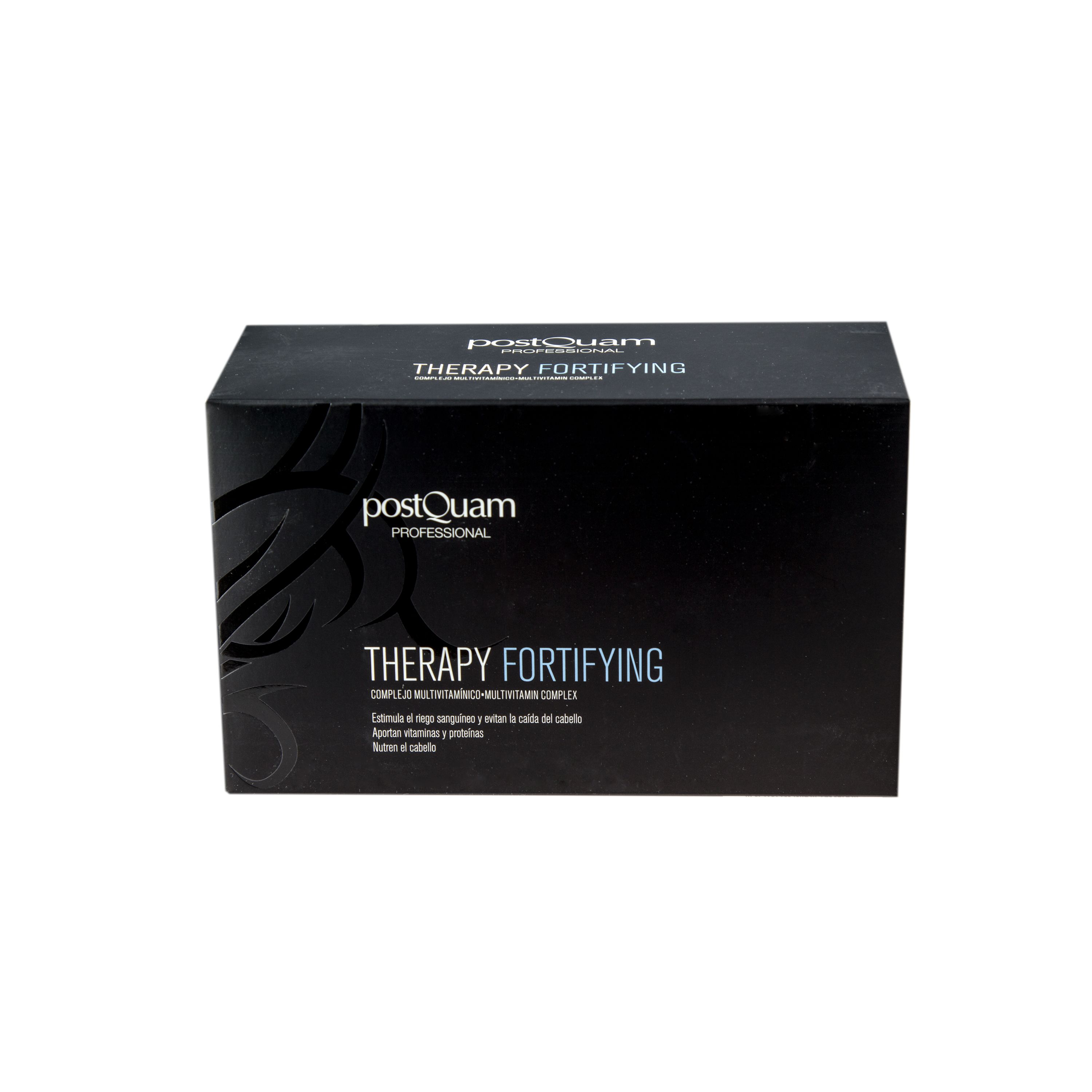 Scatola nera. Scritta: Postquam Therapy Fortifying. Testo in più lingue.