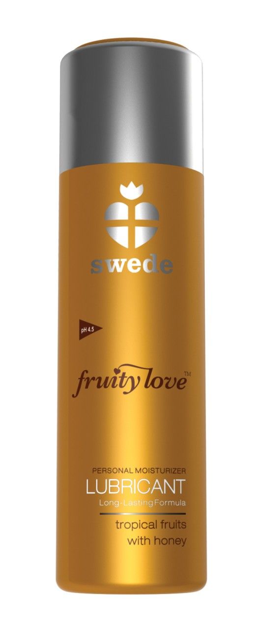 Flacone dorato con tappo argentato. Marca: Swede, Prodotto: Fruity Love Lubricant.