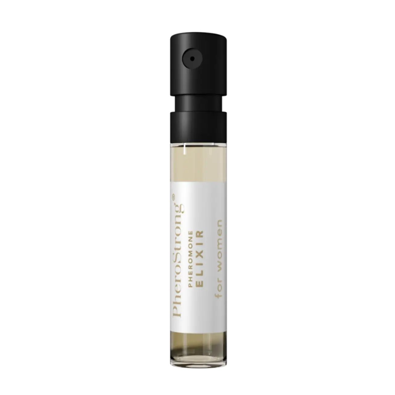 Flacone di elisir con nebulizzatore nero. Etichetta bianca con testo dorato. Vetro trasparente, liquido visibile.