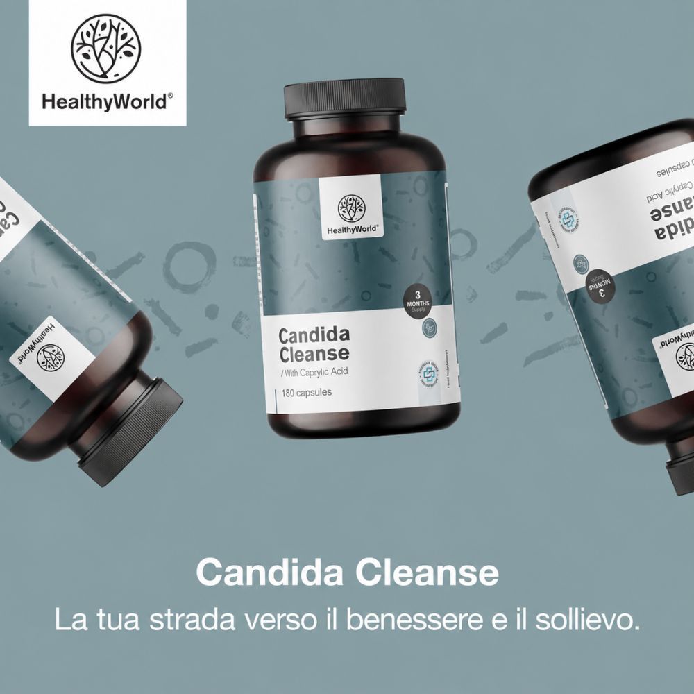 Barattolo Candida Cleanse 180 capsule, con testo dettagliato.
