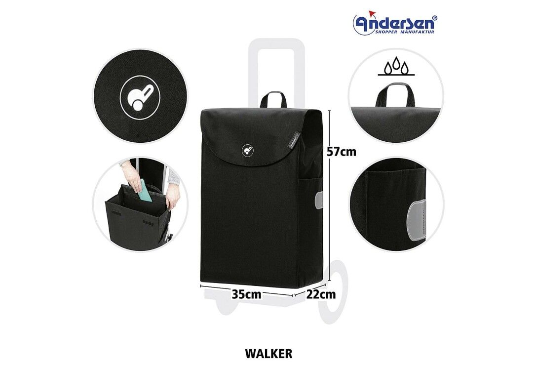 Andersen Scala Shopper Walker. Borsa nera, 57x35x22cm. Con manico, catarifrangente e logo. Idrorepellente.