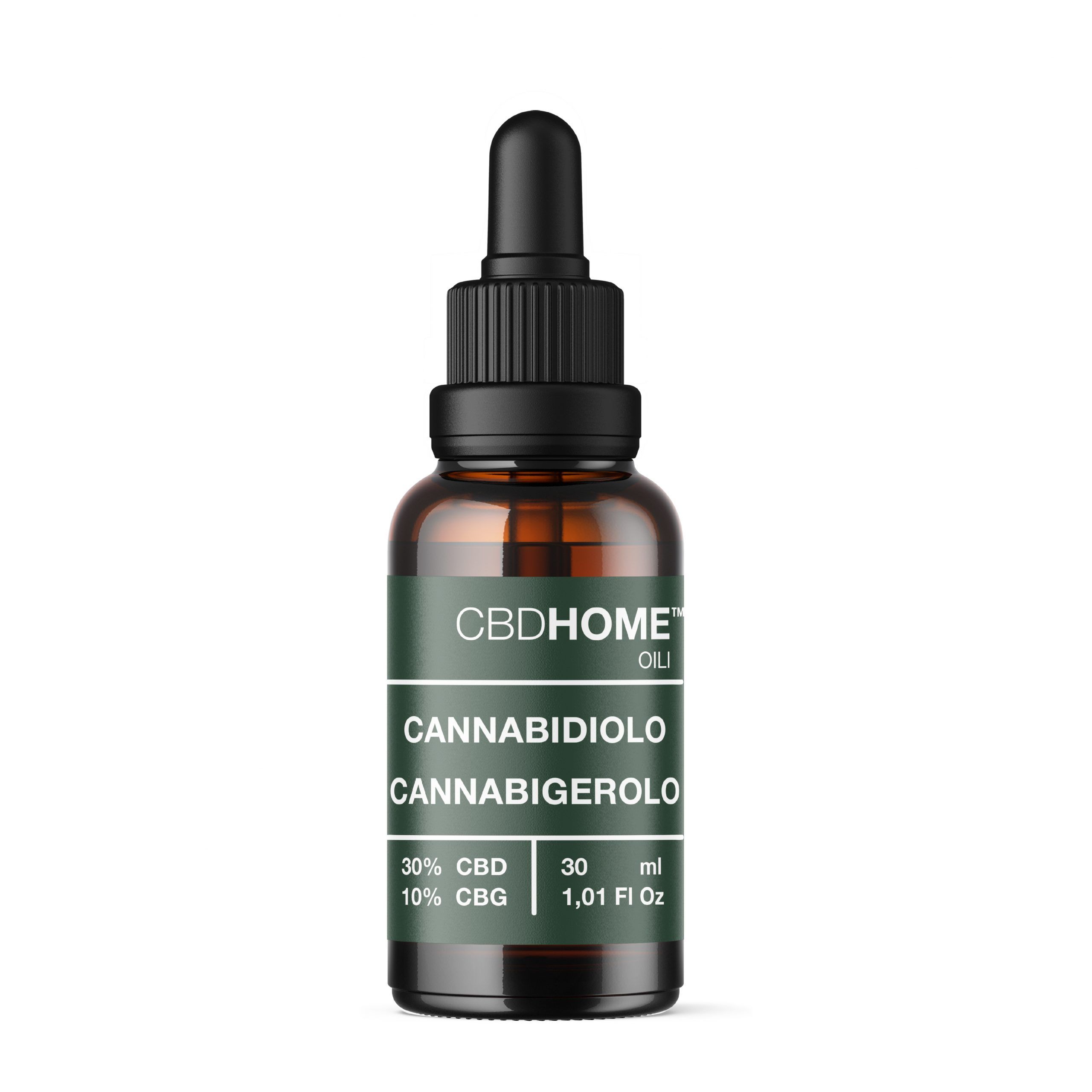 Flacone di olio CBDHOME con contagocce. Contiene 30% CBD, 10% CBG.