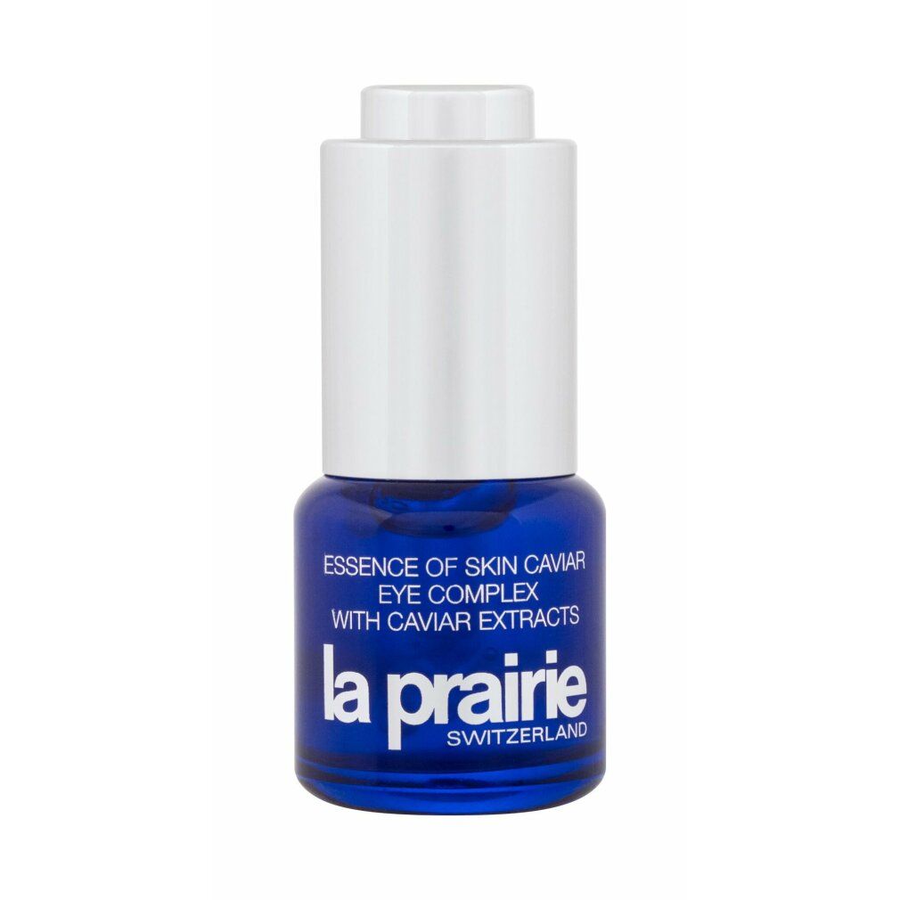 Flacone blu con tappo bianco. Scritta: Essence of Skin Caviar Eye Complex, La Prairie.