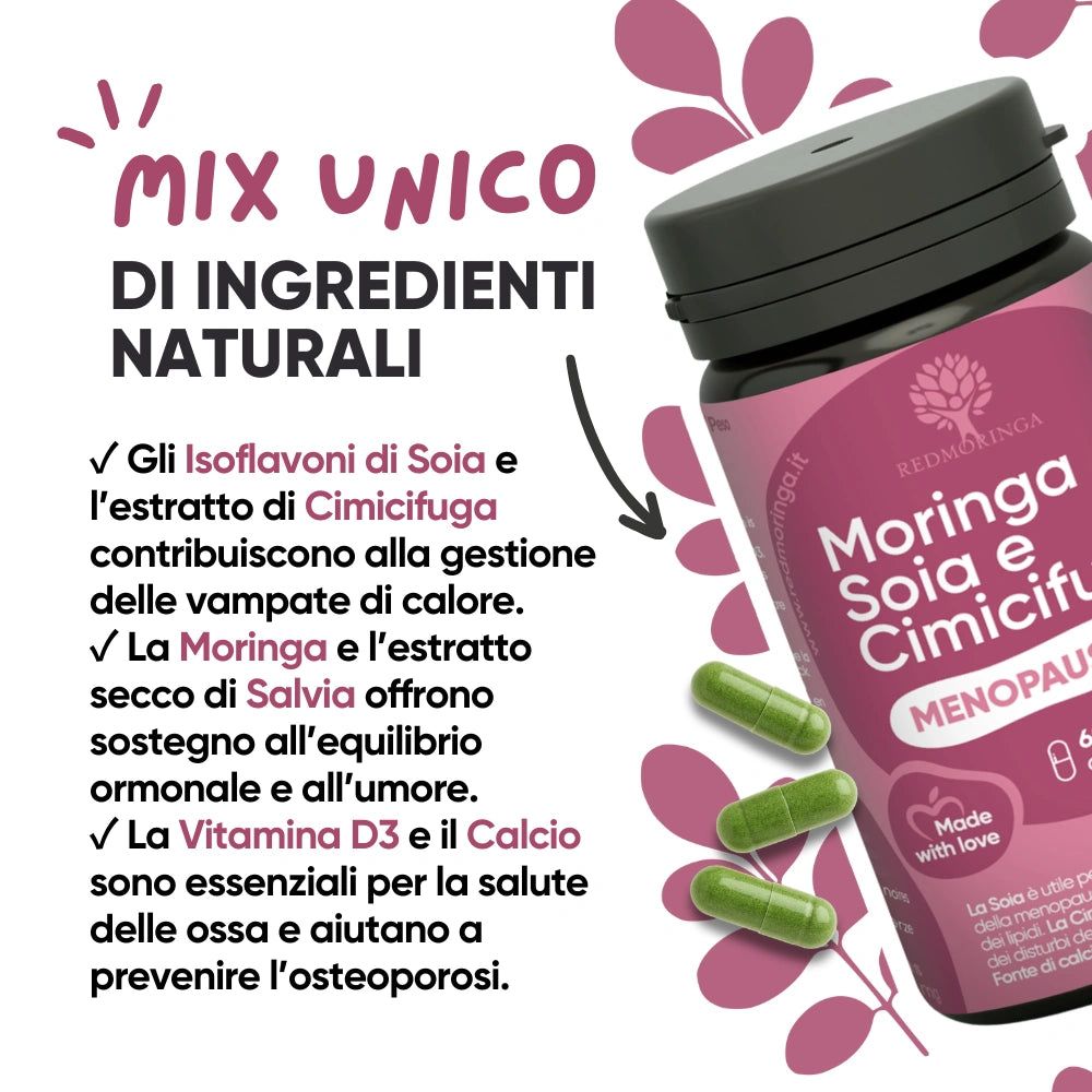 Un flacone di integratore con capsule. Testo: Mix unico di ingredienti naturali. Contiene soia, cimicifuga, salvia, vitamina D3.