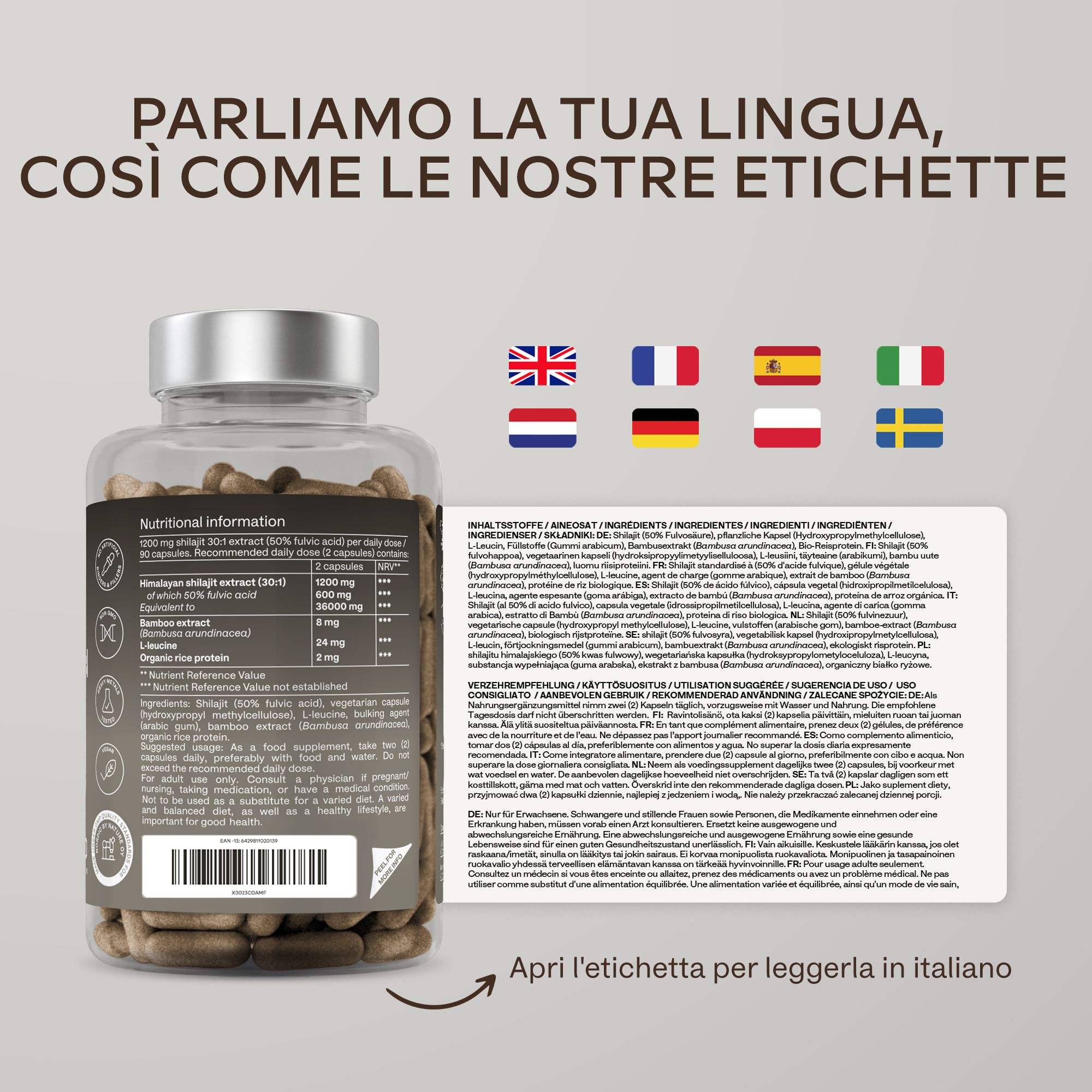 Flacone di capsule ed etichetta. Testo: informazioni nutrizionali, ingredienti. Bandiere: GB, FR, ES, IT, SE.