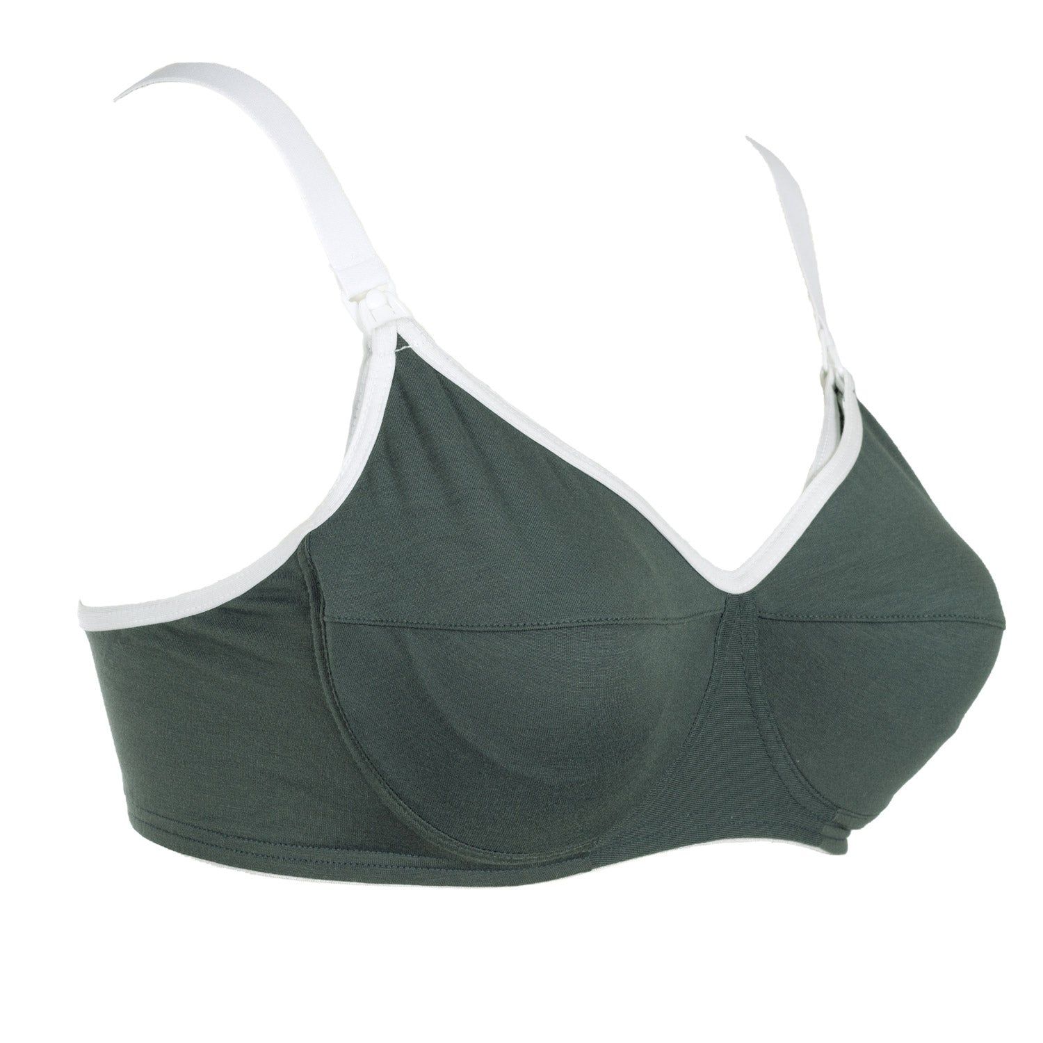 Reggiseno allattamento verde felce con bordi e spalline bianche. Coppa C. Vista laterale.